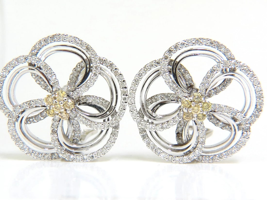 2.40CT NATURAL YELLOW DIAMONDS 3D FLOWER CLUSTER EARRINGS 14KT GOLD** (1 of 11)