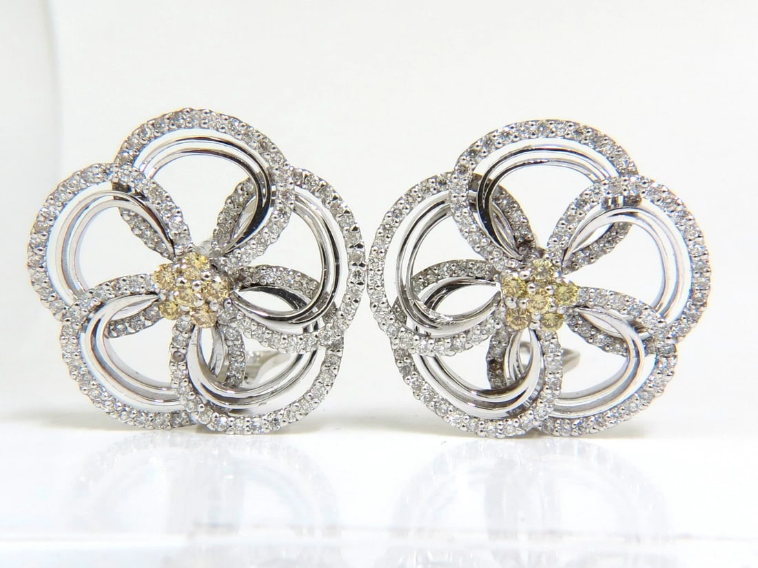 2.40CT NATURAL YELLOW DIAMONDS 3D FLOWER CLUSTER EARRINGS 14KT GOLD** - 2