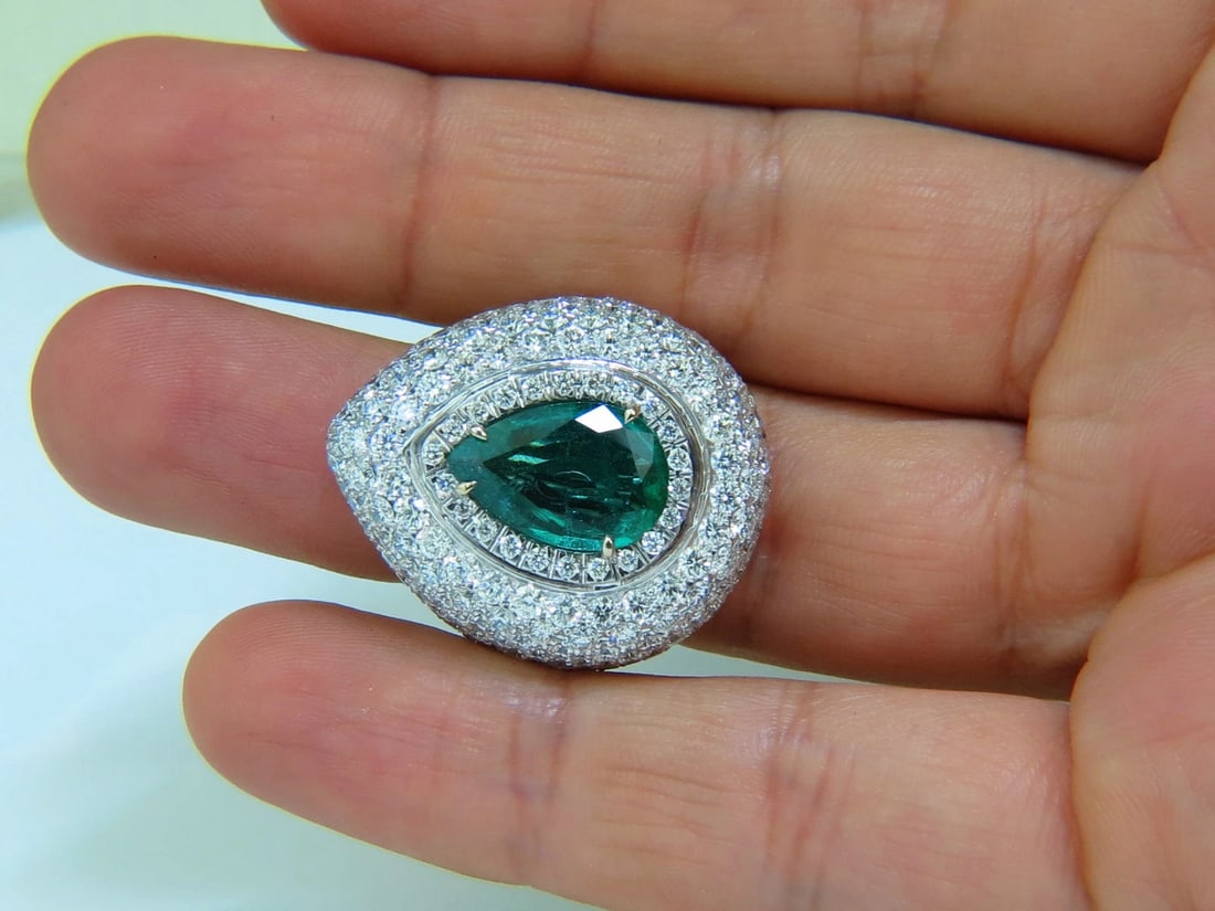 17.60CT 18K GOLD NATURAL FINE GREEN EMERALD DIAMOND 3D DOME RING *v - 11
