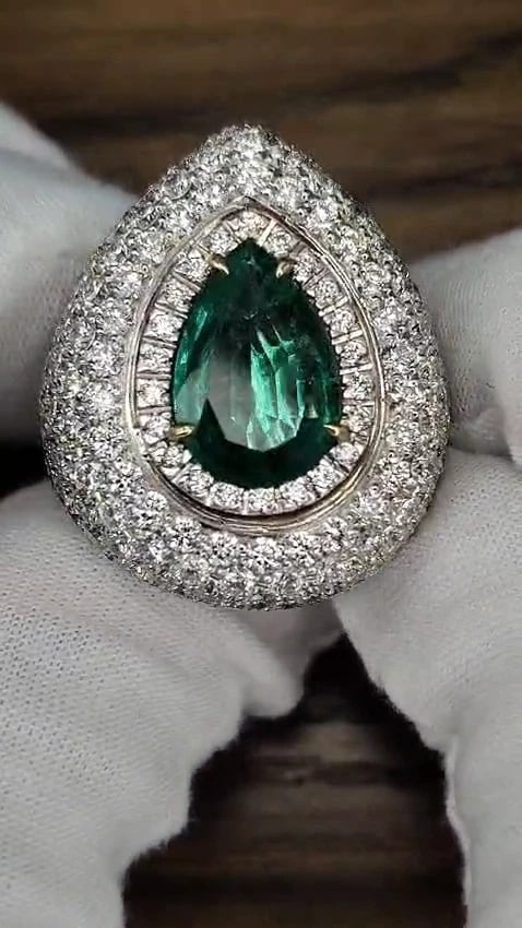 17.60CT 18K GOLD NATURAL FINE GREEN EMERALD DIAMOND 3D DOME RING *v - 2