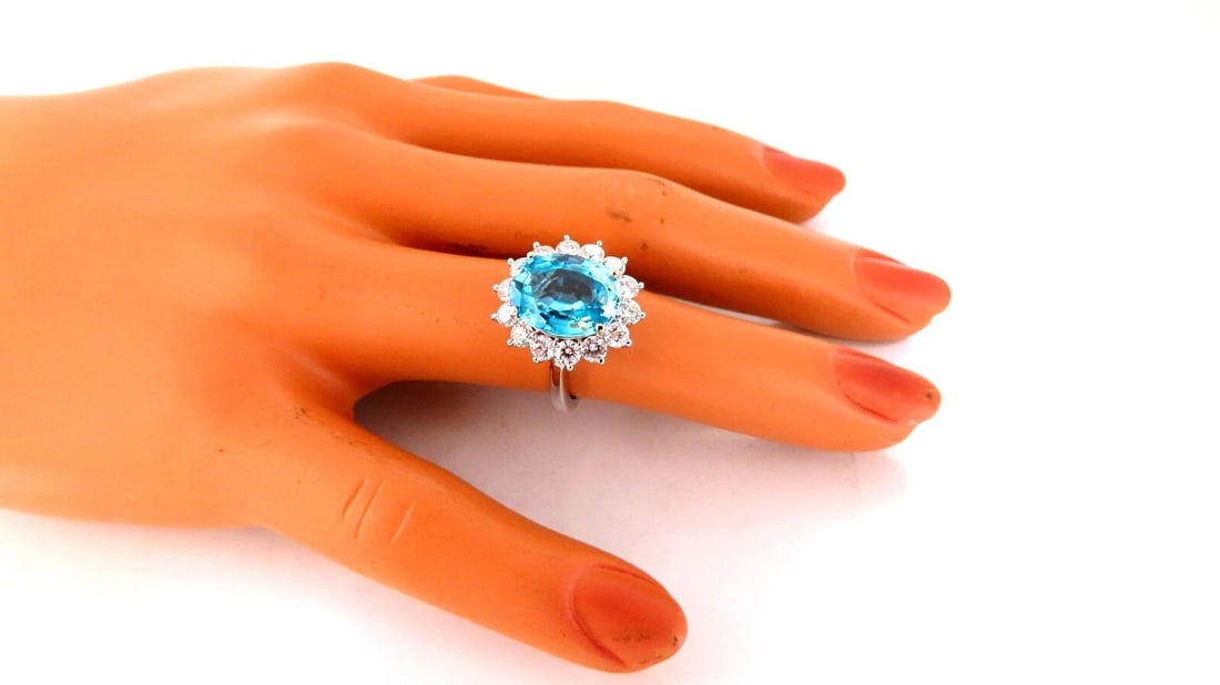 7.22ct natural blue zircon diamonds cluster cocktail Halo ring 18kt gold *v - 3