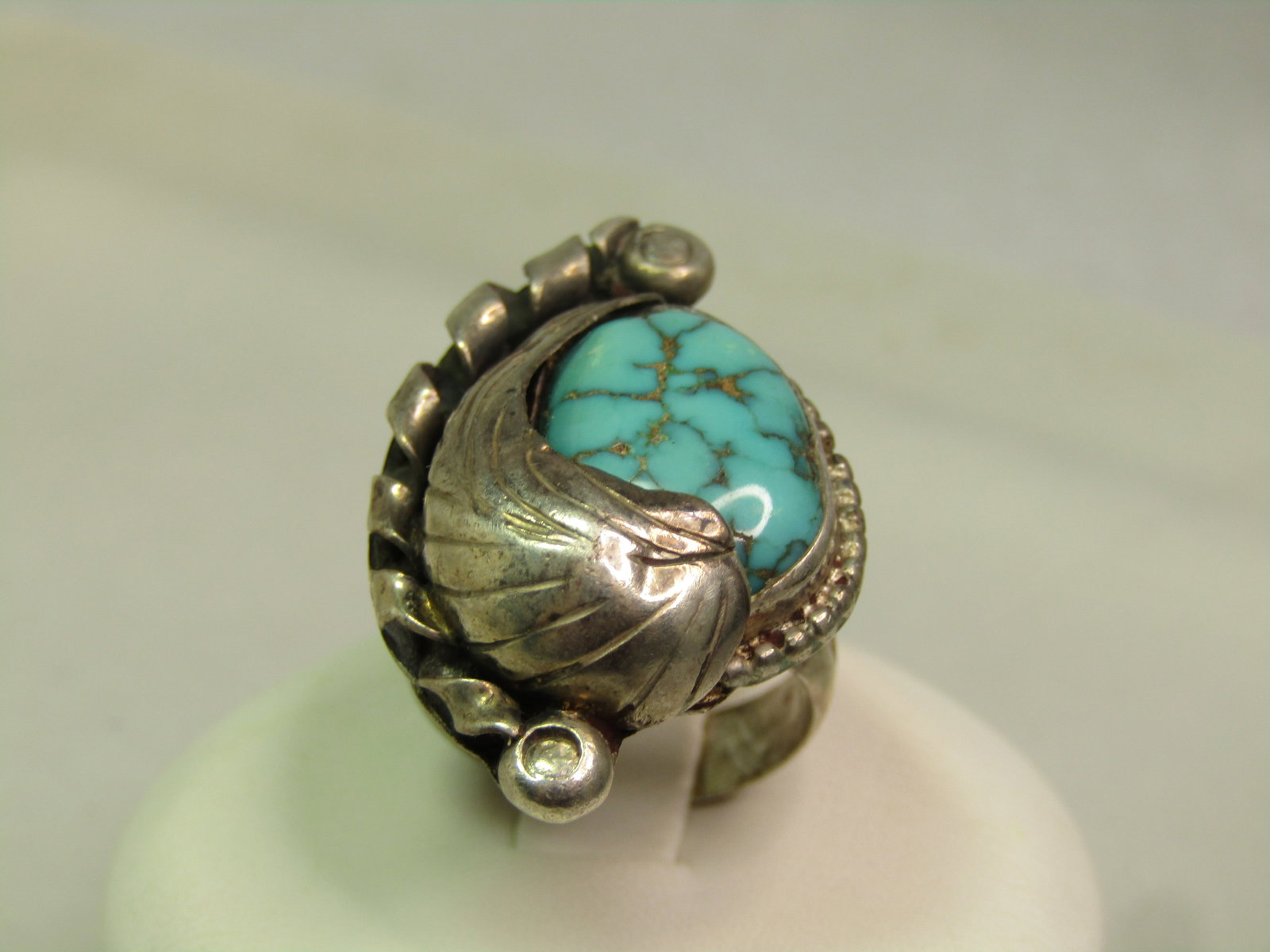 Vintage Sterling Southwestern Turquoise Ring, Feather Accents, Sz. 4.75, 1970's-1980's - 2
