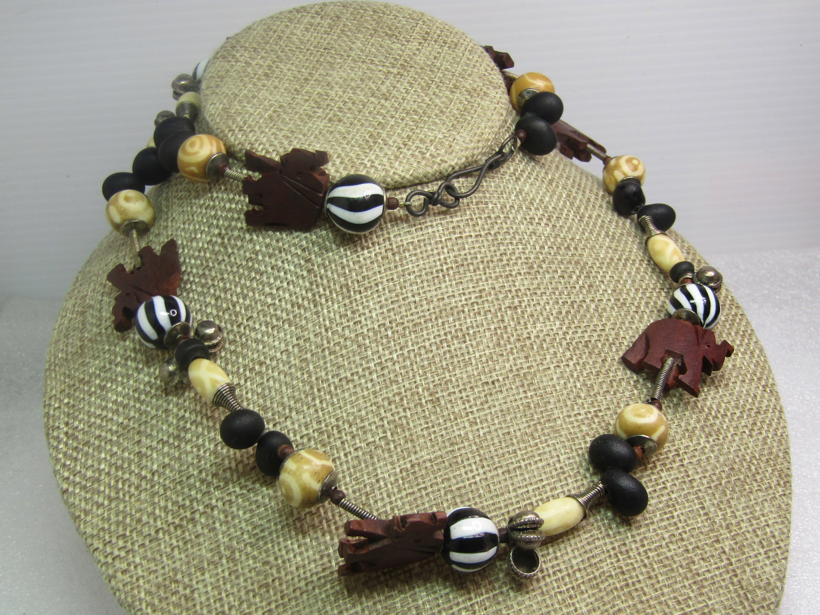 Vintage Wooden Carved Elephant & Glass Beaded Necklace, 28", - 2