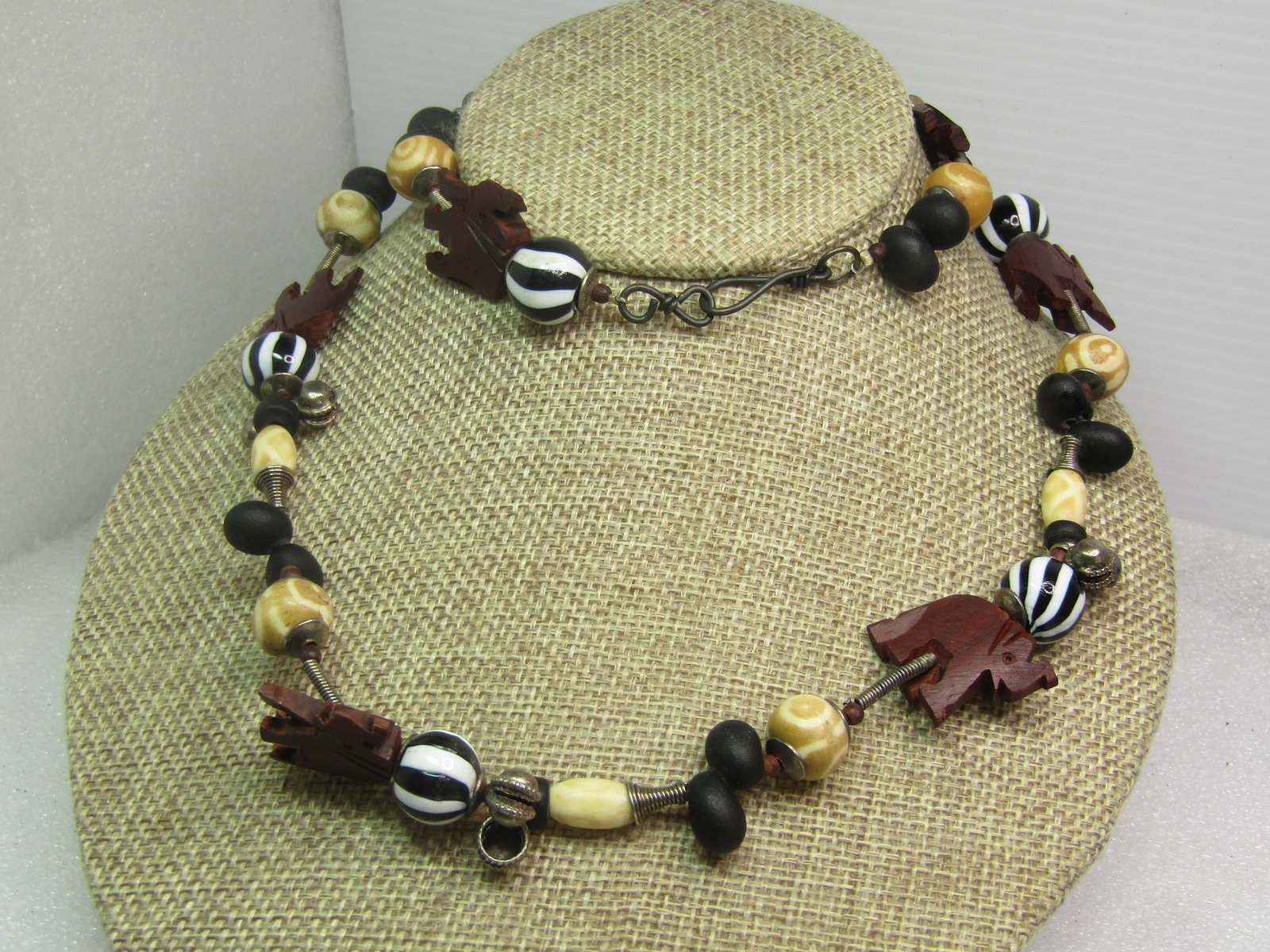 Vintage Wooden Carved Elephant & Glass Beaded Necklace, 28", - 3