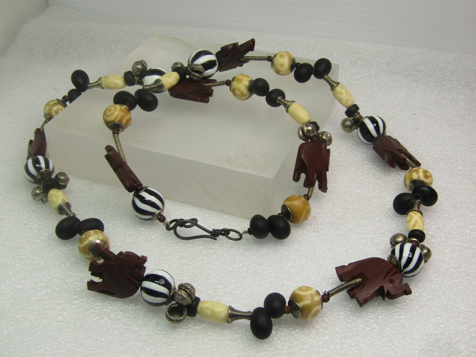Vintage Wooden Carved Elephant & Glass Beaded Necklace, 28", - 4
