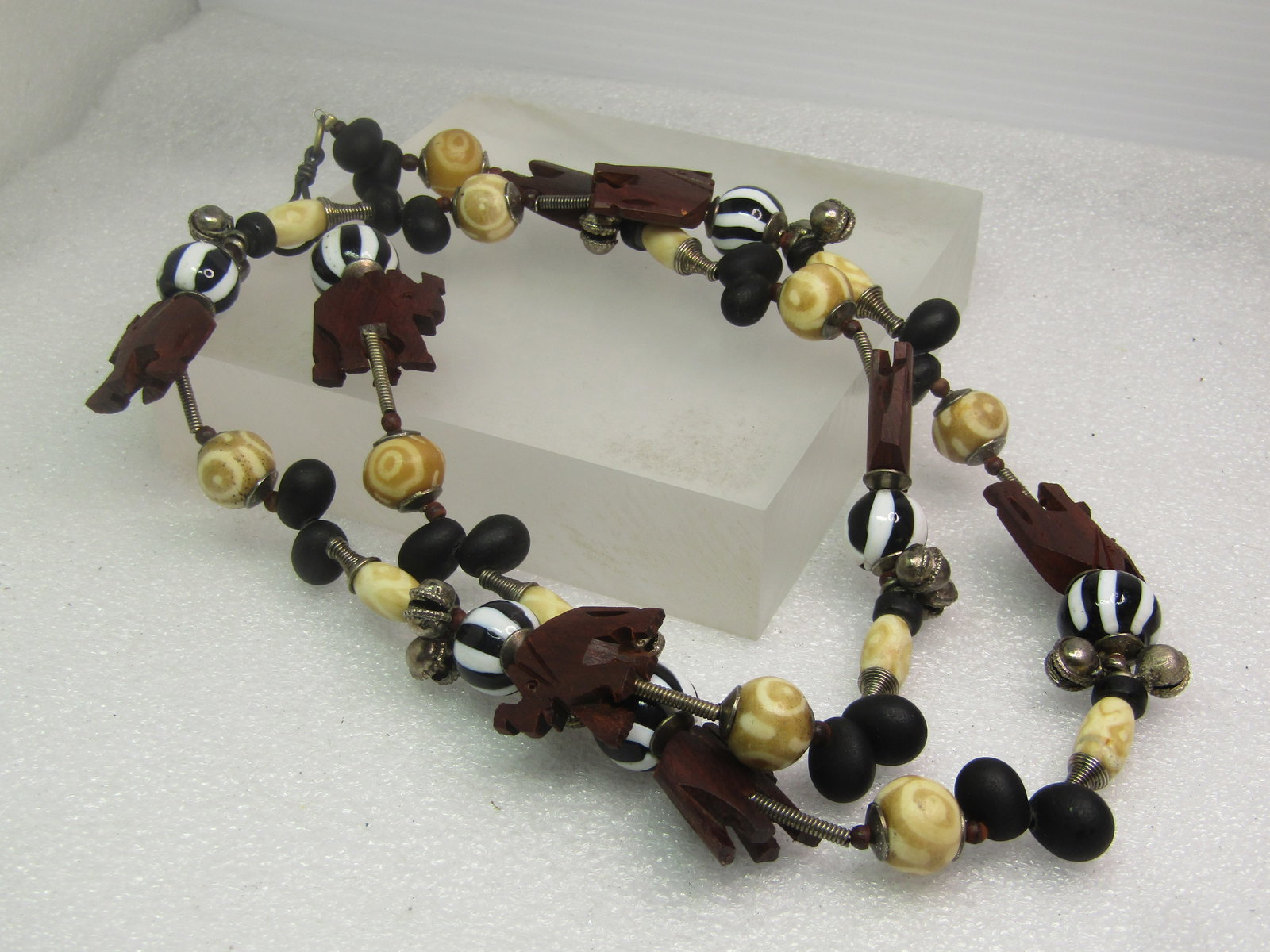 Vintage Wooden Carved Elephant & Glass Beaded Necklace, 28", - 5