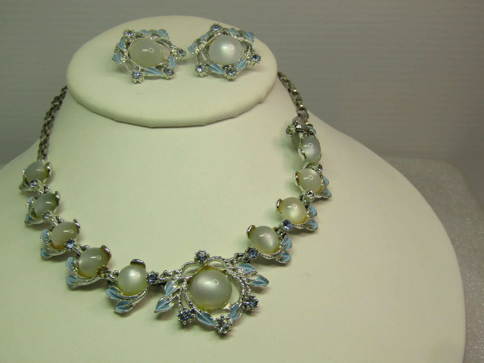 Vintage Faux Moonstone Blue RS Necklace, Bracelet, Clip Earrings, 1960's - 2
