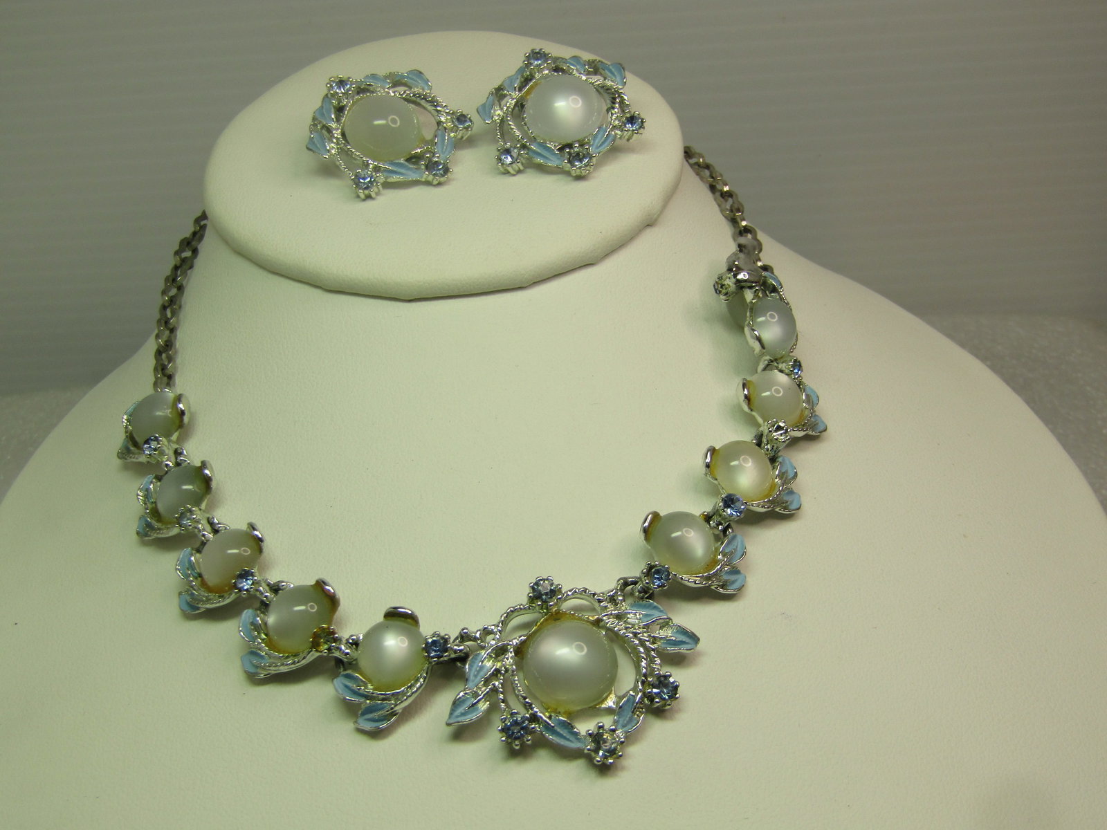 Vintage Faux Moonstone Blue RS Necklace, Bracelet, Clip Earrings, 1960's - 4