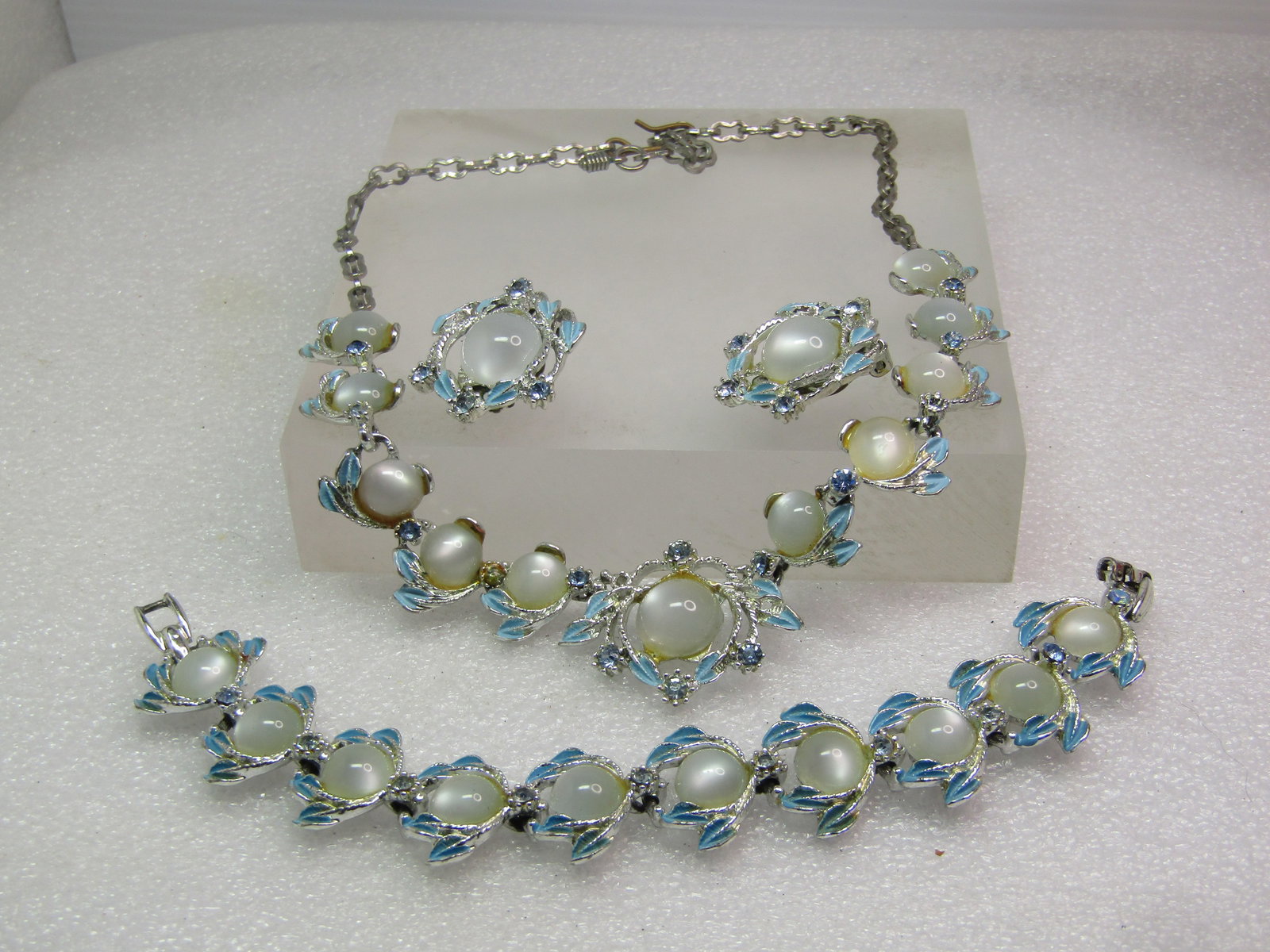 Vintage Faux Moonstone Blue RS Necklace, Bracelet, Clip Earrings, 1960's - 6