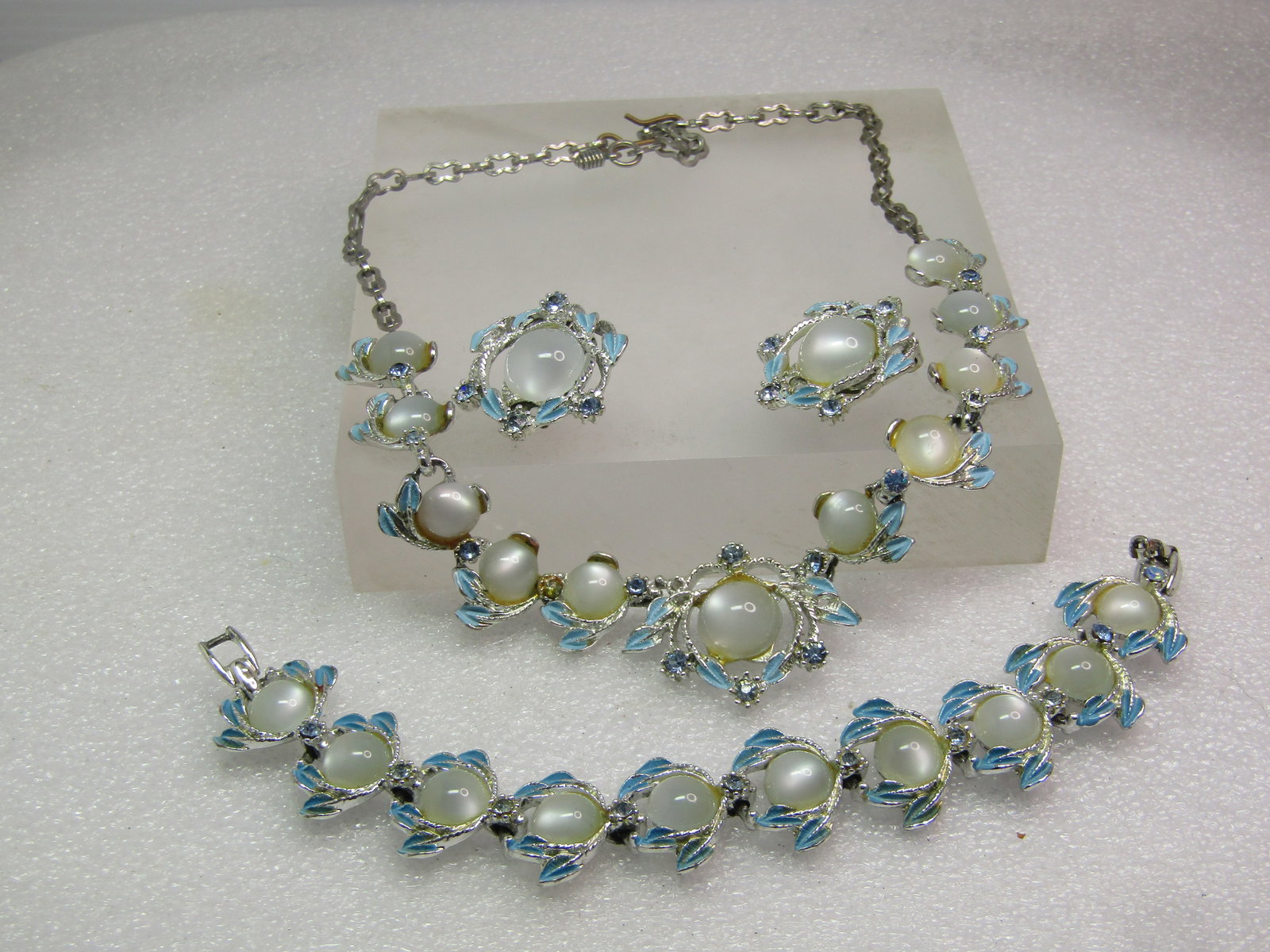 Vintage Faux Moonstone Blue RS Necklace, Bracelet, Clip Earrings, 1960's - 7