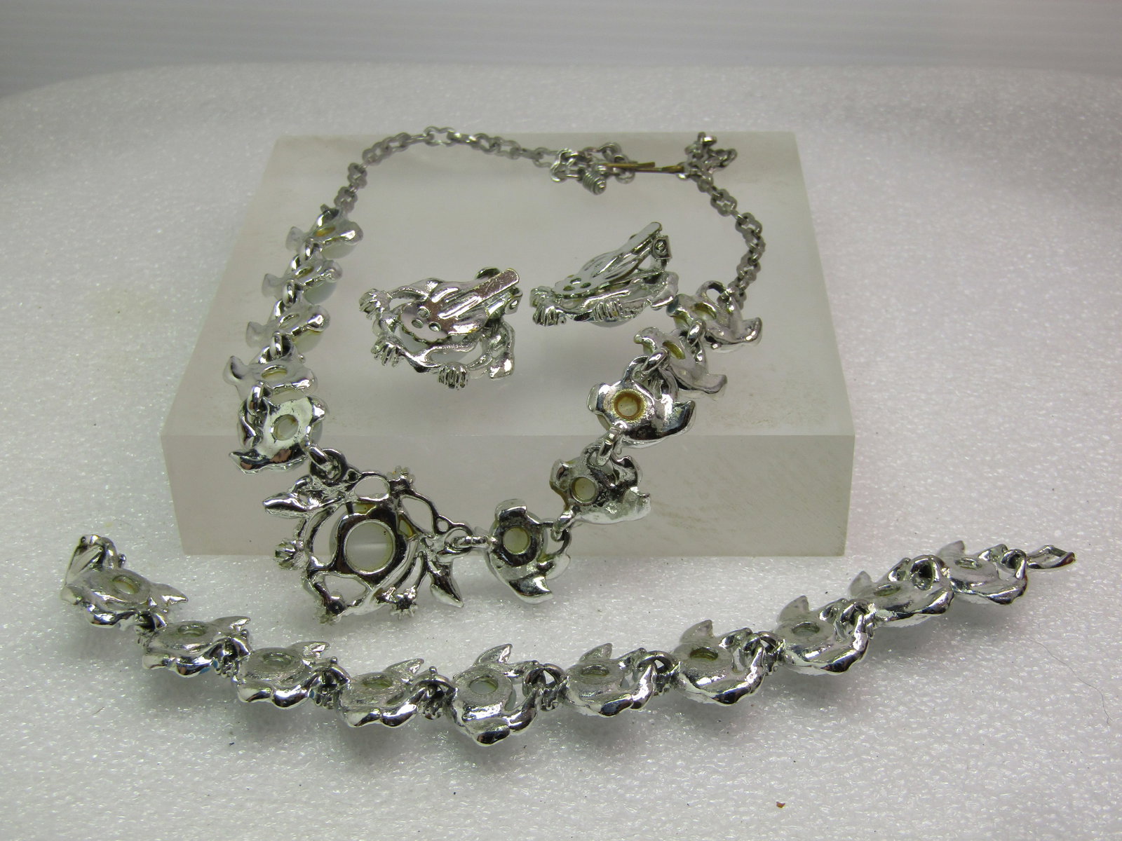 Vintage Faux Moonstone Blue RS Necklace, Bracelet, Clip Earrings, 1960's - 8