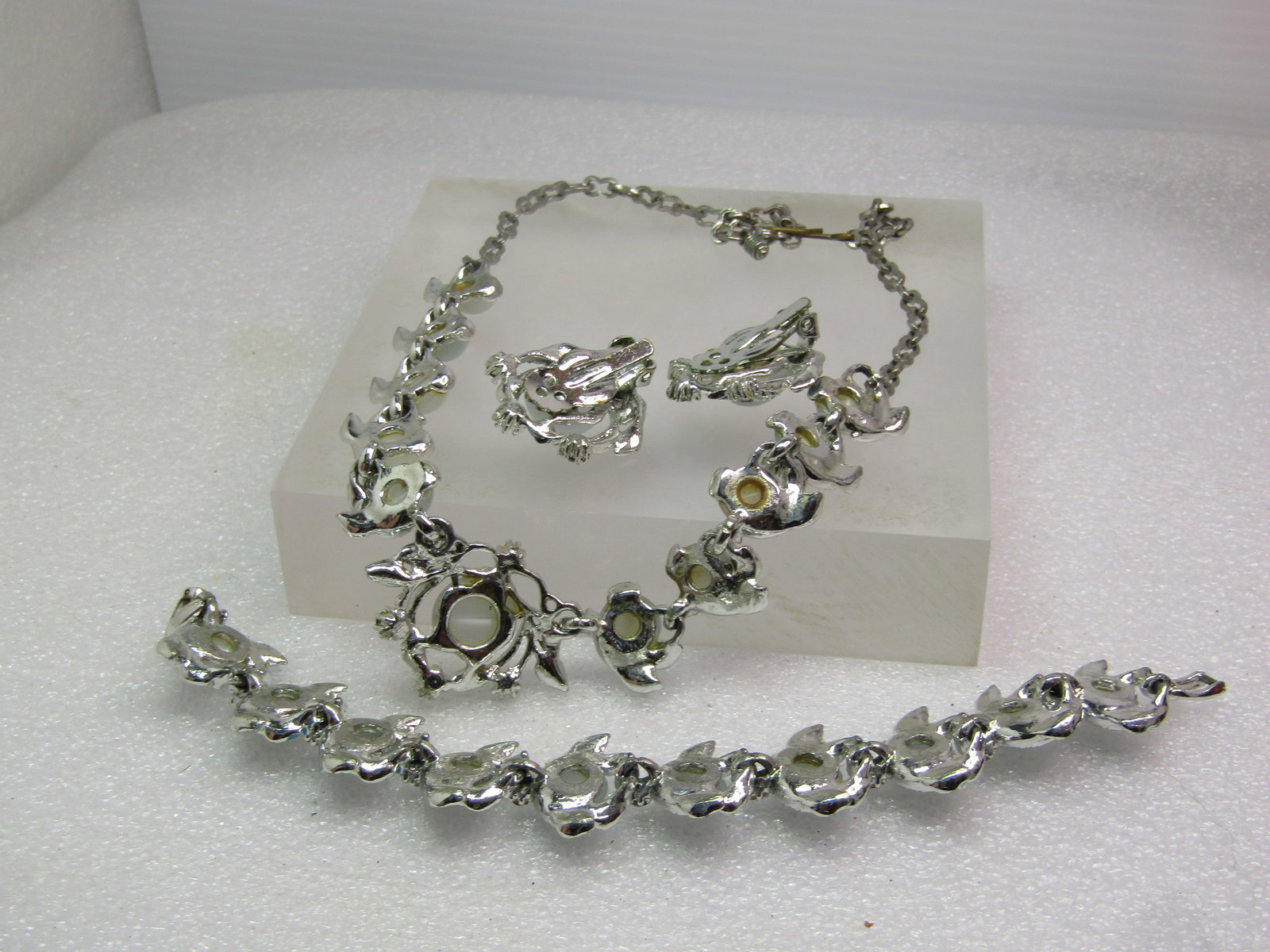 Vintage Faux Moonstone Blue RS Necklace, Bracelet, Clip Earrings, 1960's - 9