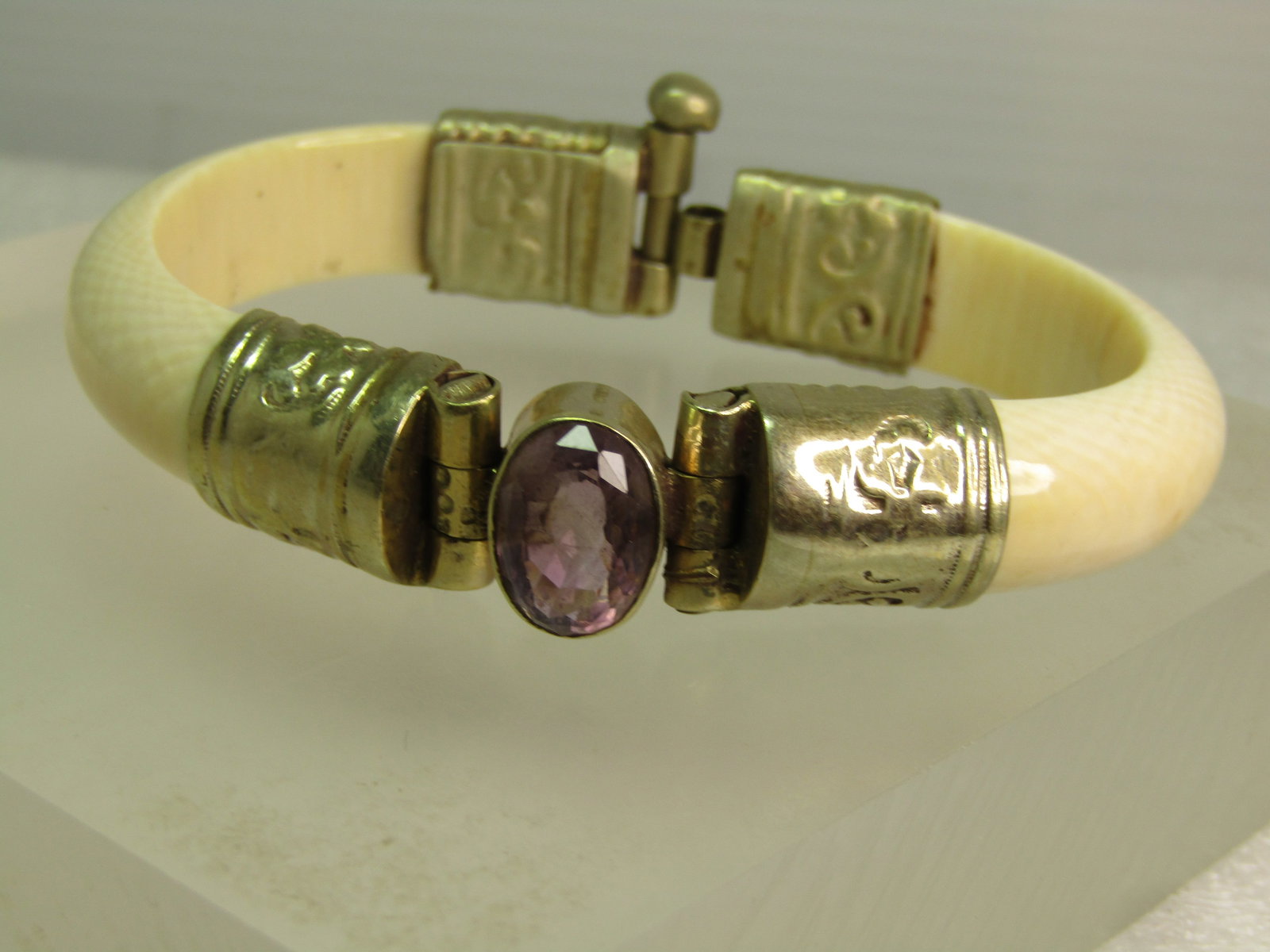 Vintage Bone Cuff Bracelet with Amethyst, Pin Clasp, 6.75", 1970's-1980's - 2