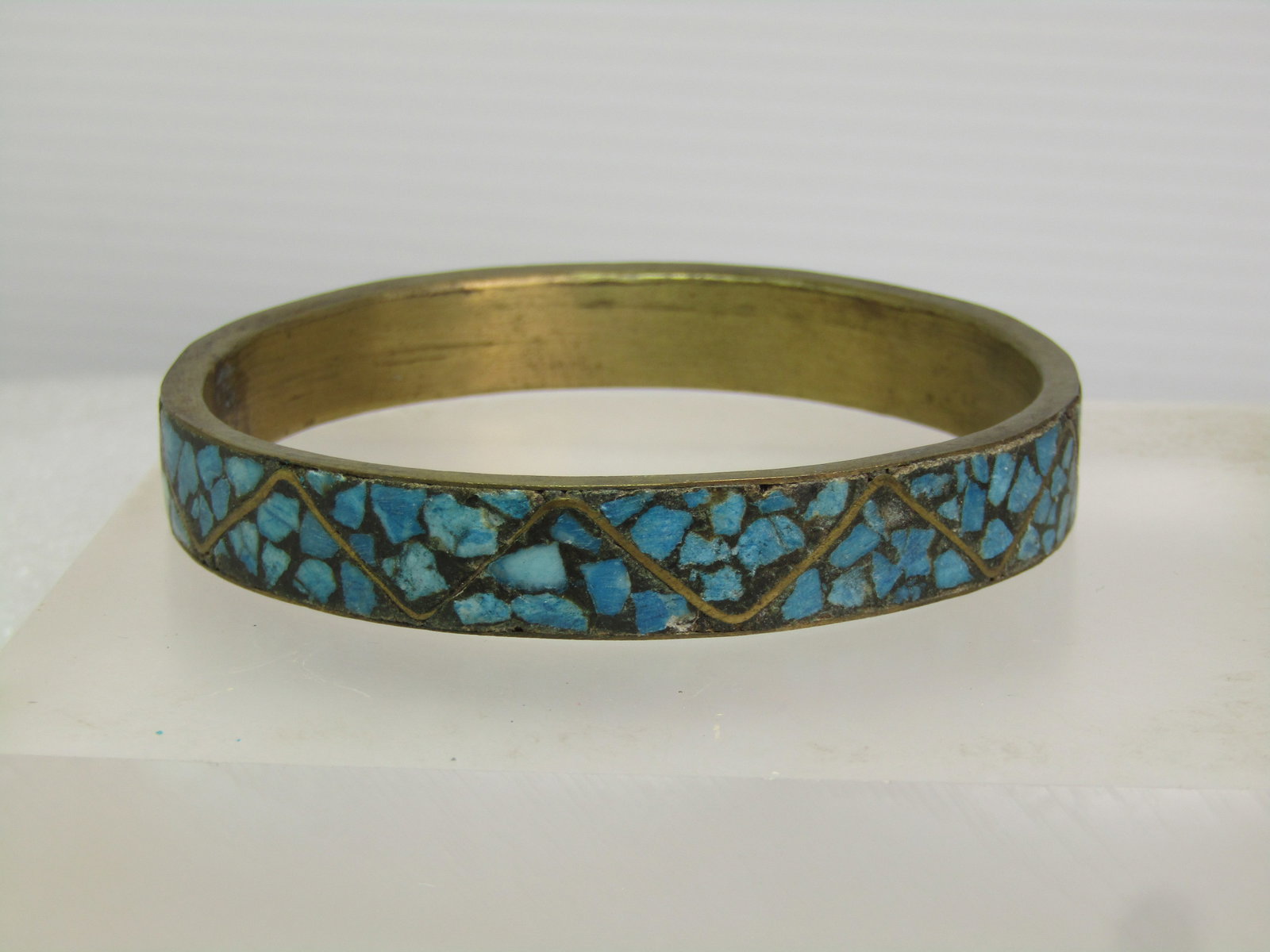 Vintage Brass & Inlaid Turquoise Chip Bangle Bracelet, 8.75, Unisex, 1960's - 2