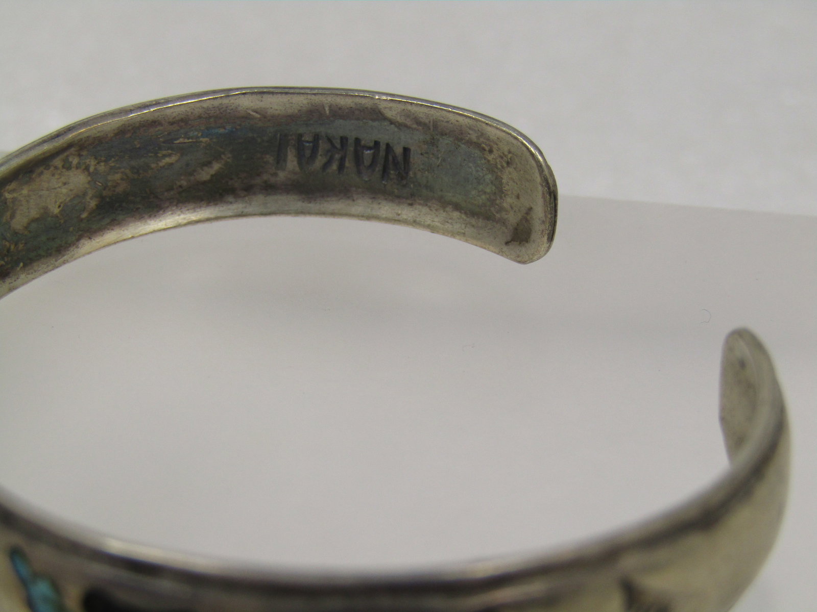 Vintage Sterling Southestern Inlaid Chip Cuff Bracelet, 6", 1960's-1970's, Signed Nakai - 4