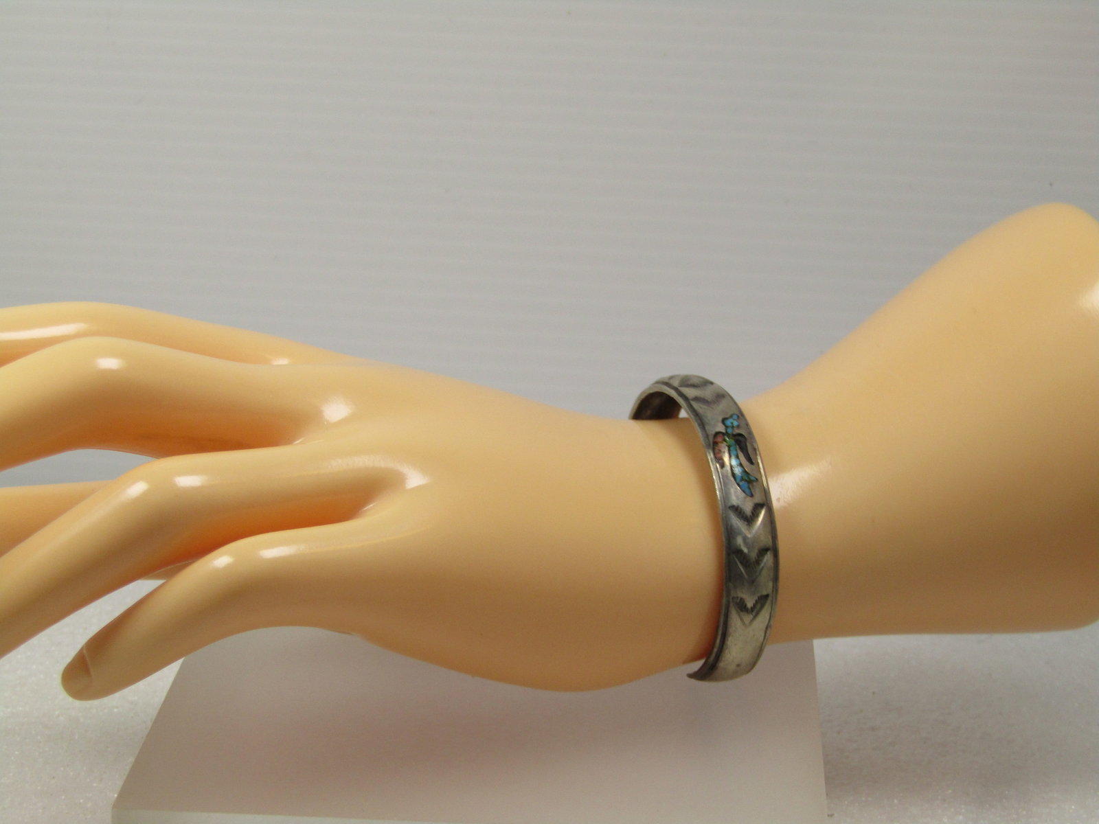 Vintage Sterling Southestern Inlaid Chip Cuff Bracelet, 6", 1960's-1970's, Signed Nakai - 7