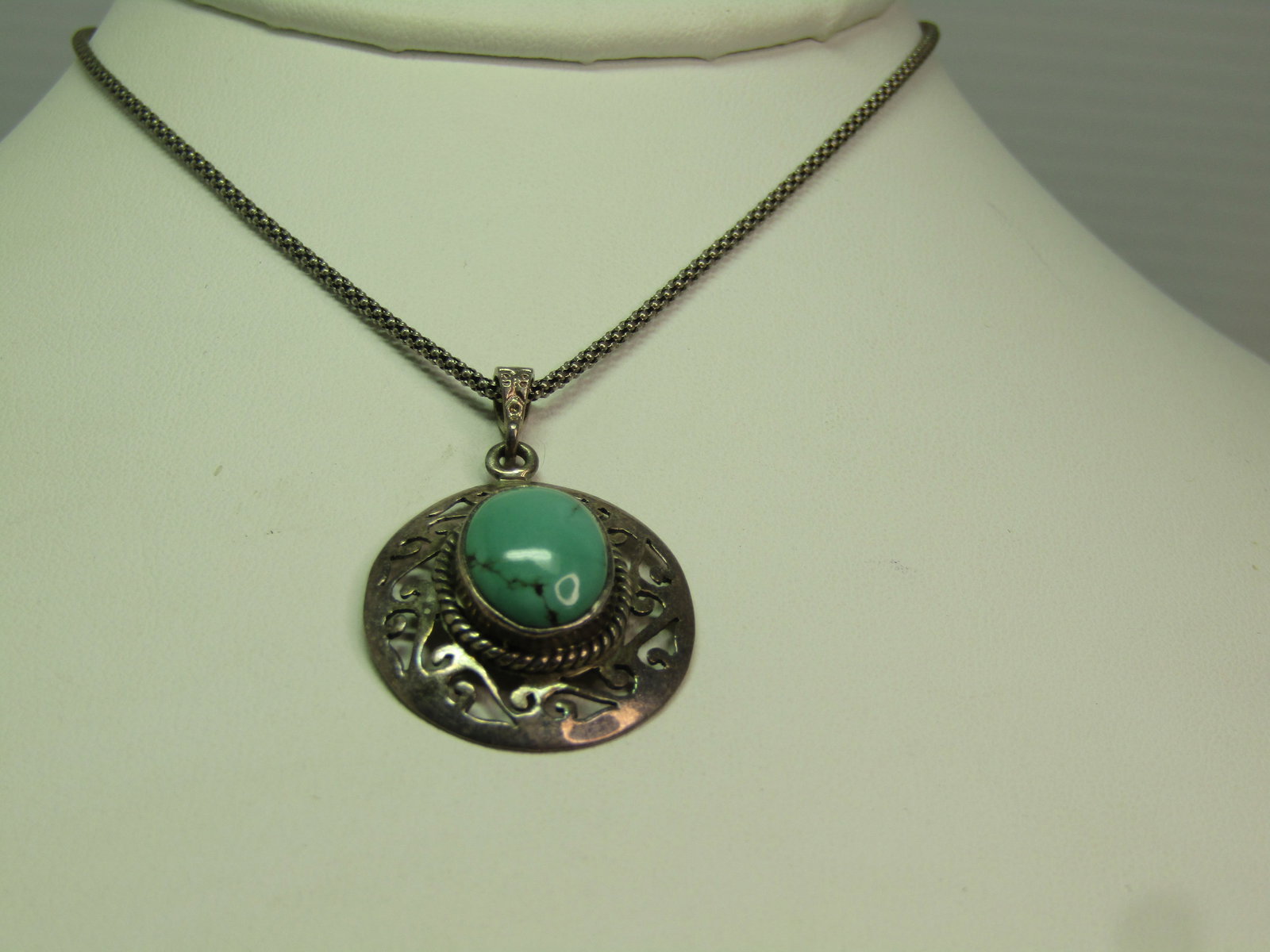 Vintage Sterling Turquoise Scrolled Pendant Necklace, 18" , 1980's-1990's - 2