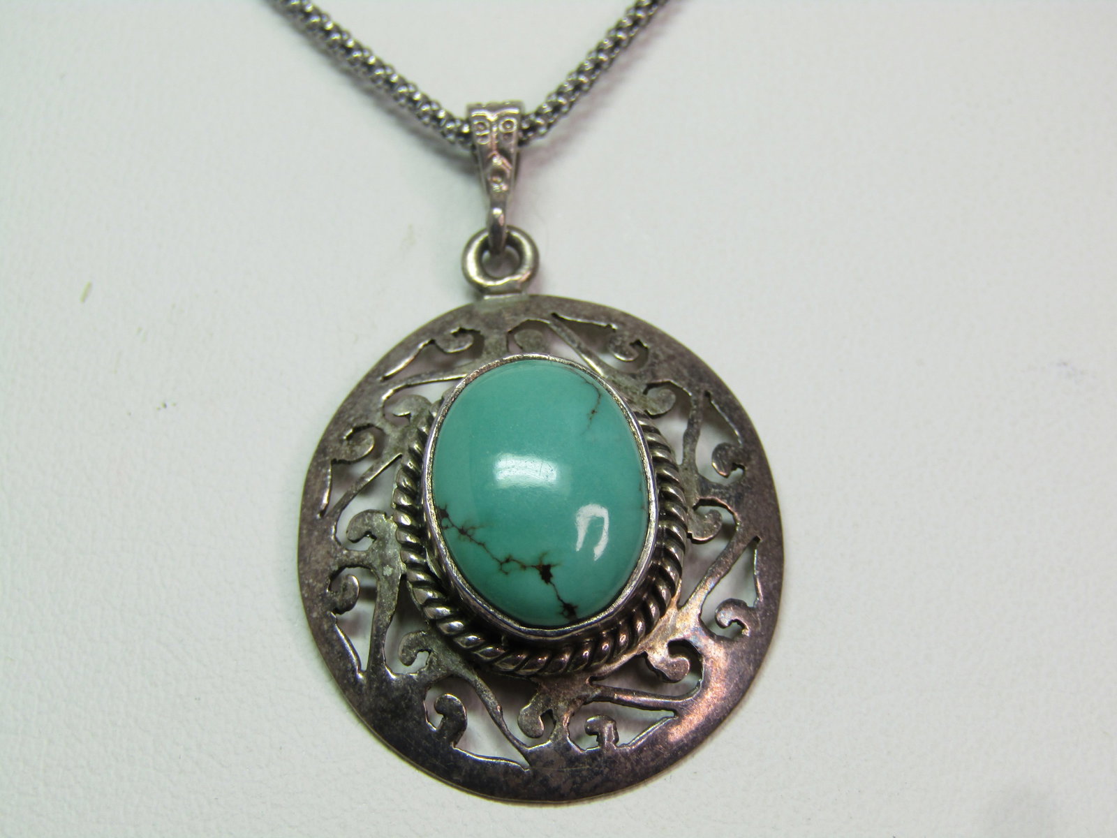 Vintage Sterling Turquoise Scrolled Pendant Necklace, 18" , 1980's-1990's - 3