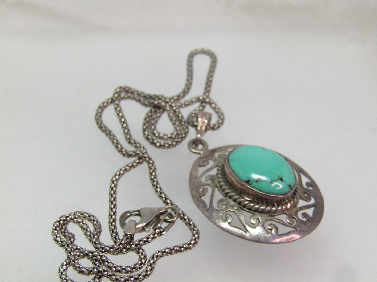 Vintage Sterling Turquoise Scrolled Pendant Necklace, 18" , 1980's-1990's - 5