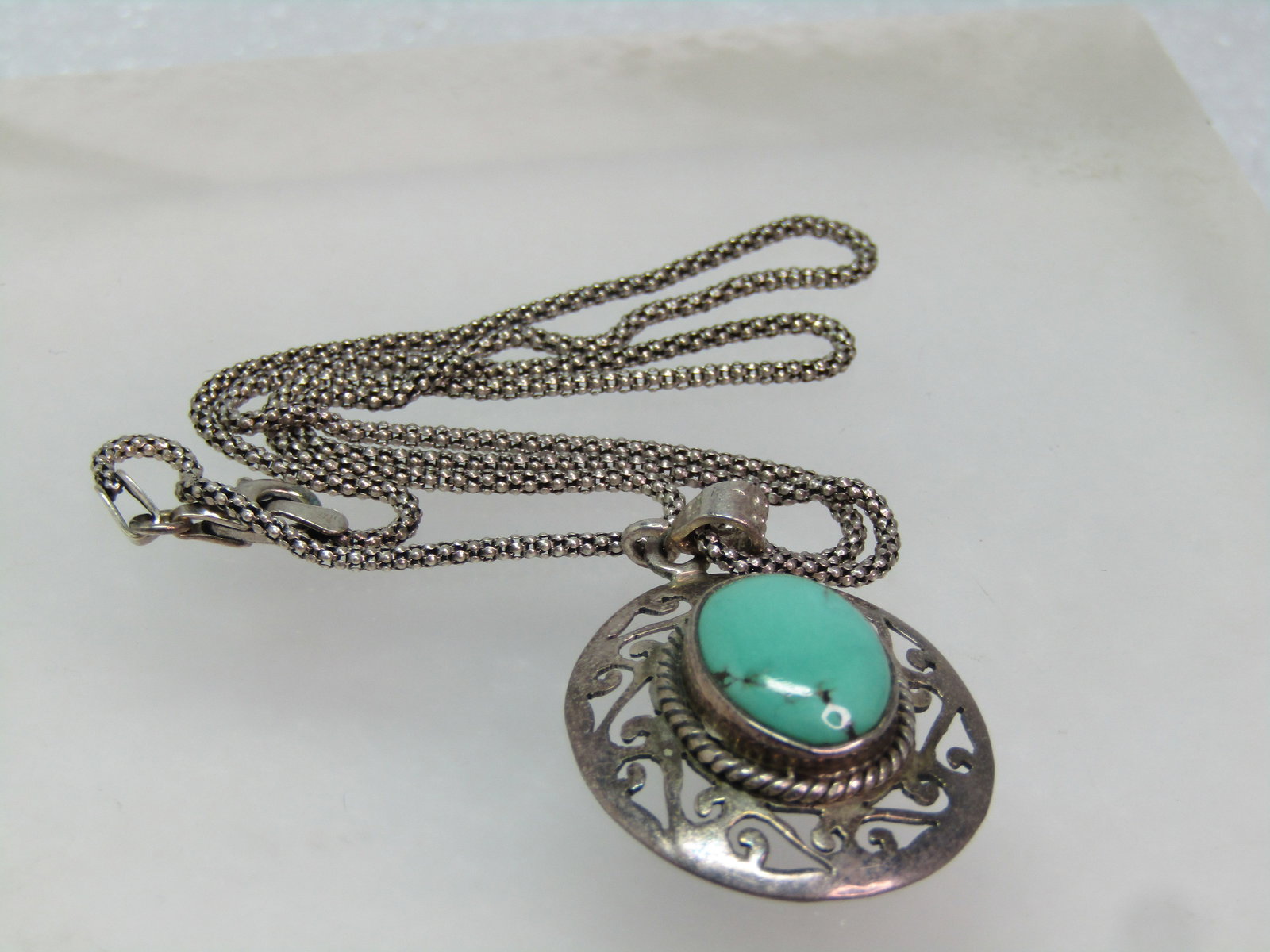 Vintage Sterling Turquoise Scrolled Pendant Necklace, 18" , 1980's-1990's - 7