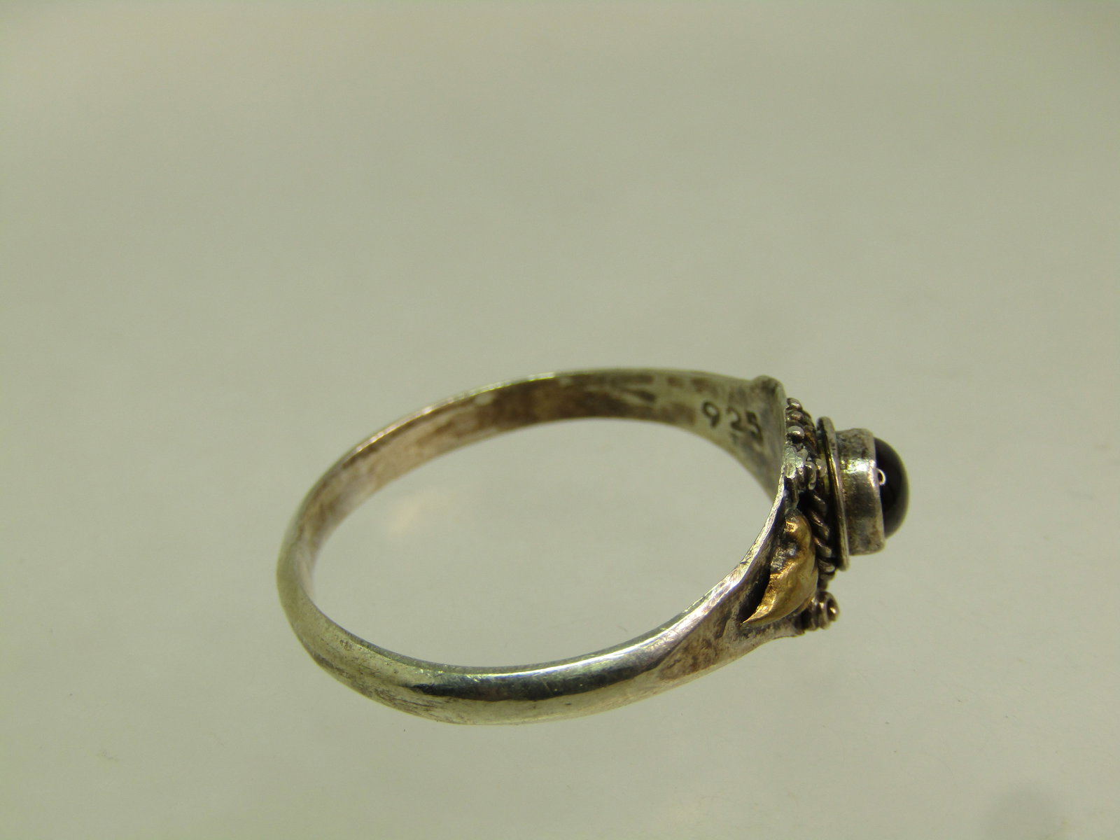 Vintage Sterling Garnet Ring, Sz. 8, Gold Tone Accents, Bali Themed, 1970's-1980's - 6