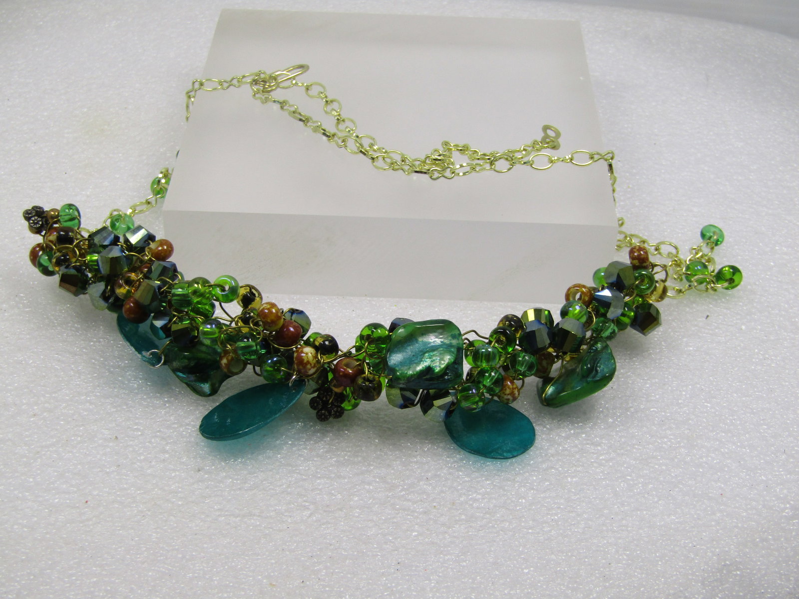 Vintage Teal Dyed Mother-of-Pearl and Crystal Beaded Cluster Necklace, 22", 1980's-1990's - 5