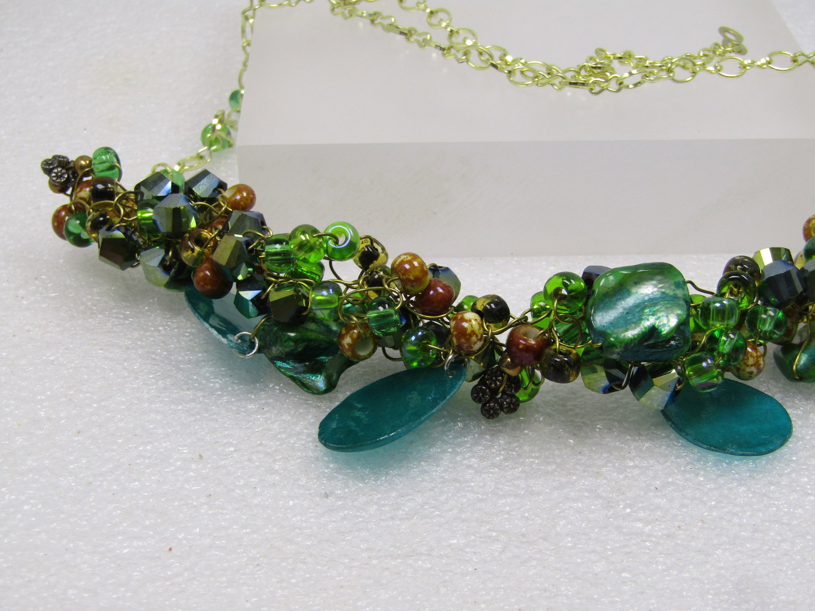 Vintage Teal Dyed Mother-of-Pearl and Crystal Beaded Cluster Necklace, 22", 1980's-1990's - 6