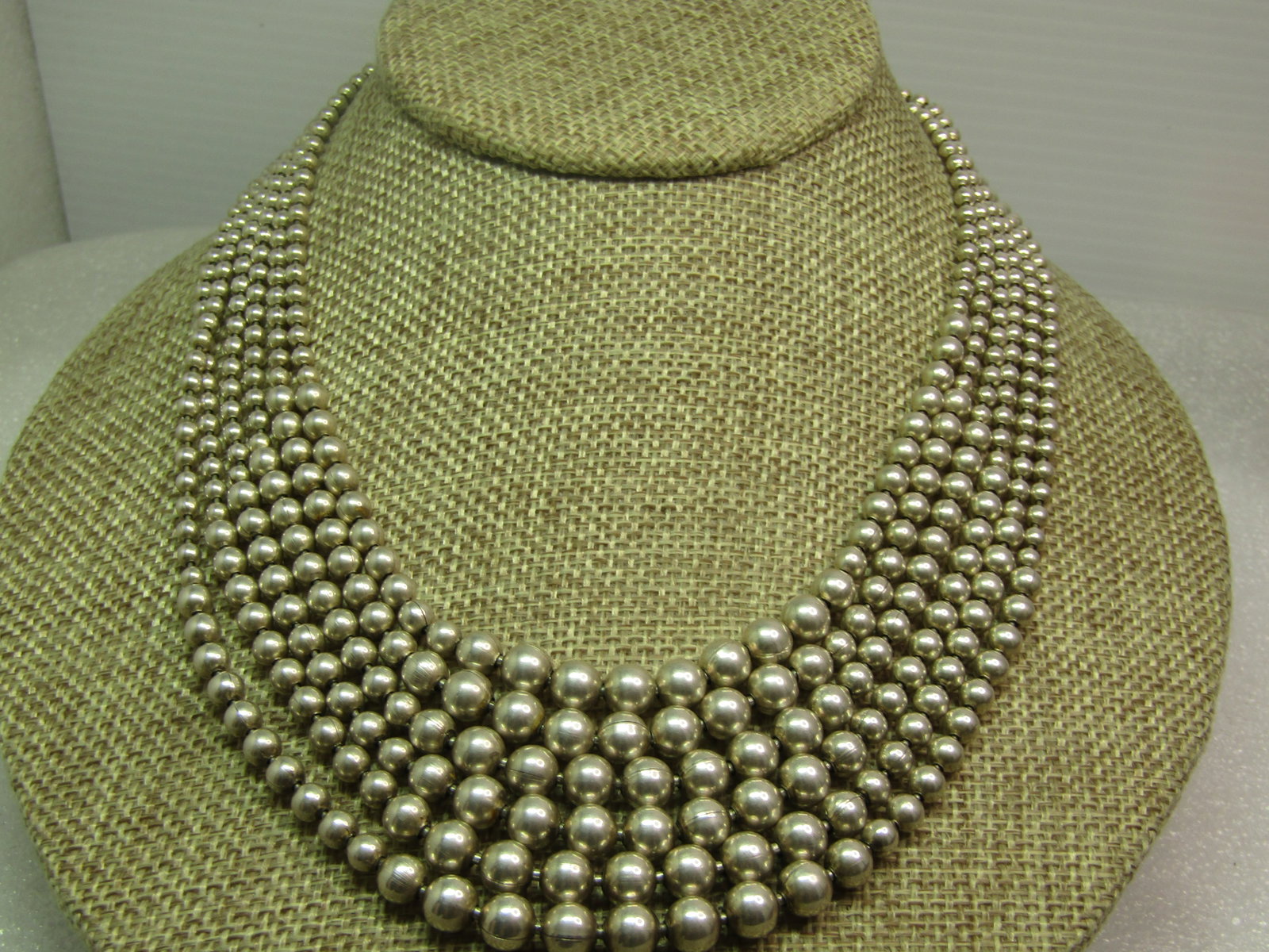 Vintage Sterling Silver Six Strand Necklace, Graduated Beads 17", 1980's-1990's, Toggle Clasp: Vintage Sterling Silver Six Strand Necklace, Graduated Beads 17", 1980's-1990's, Toggle Clasp. The beads range from appx. 2.9mm to 6.2mm. These are not on a cord but instead connected by a silver link