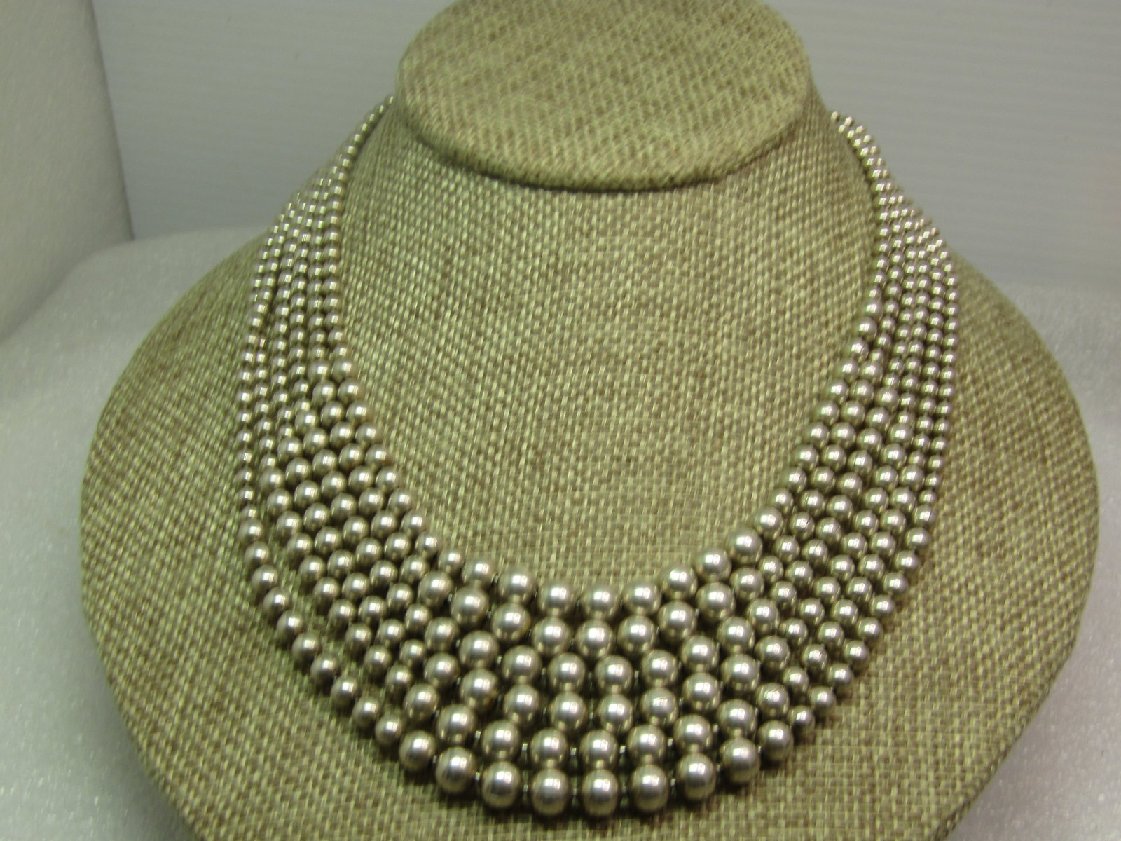 Vintage Sterling Silver Six Strand Necklace, Graduated Beads 17", 1980's-1990's, Toggle Clasp - 2
