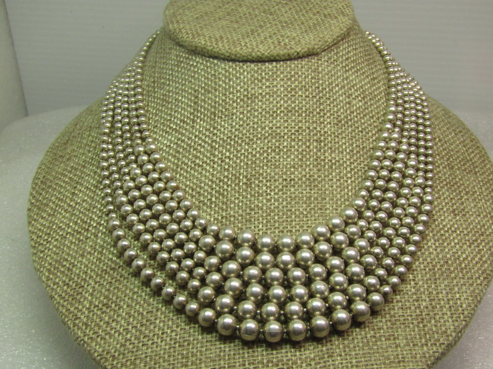 Vintage Sterling Silver Six Strand Necklace, Graduated Beads 17", 1980's-1990's, Toggle Clasp - 4
