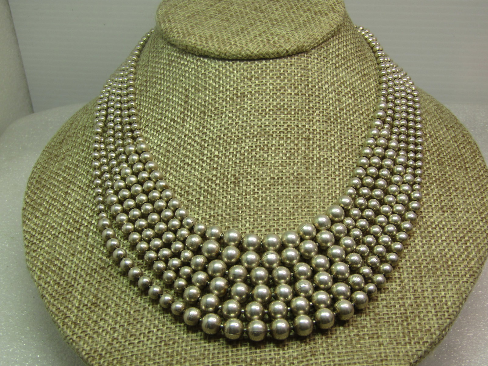 Vintage Sterling Silver Six Strand Necklace, Graduated Beads 17", 1980's-1990's, Toggle Clasp - 5