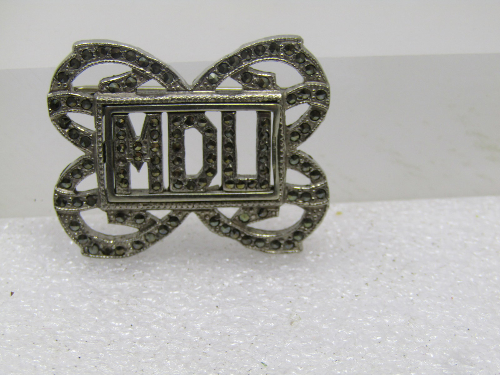 Vintage Marcasite Monogrammed MDU Deco Brooch, 1940's-1950's - 2