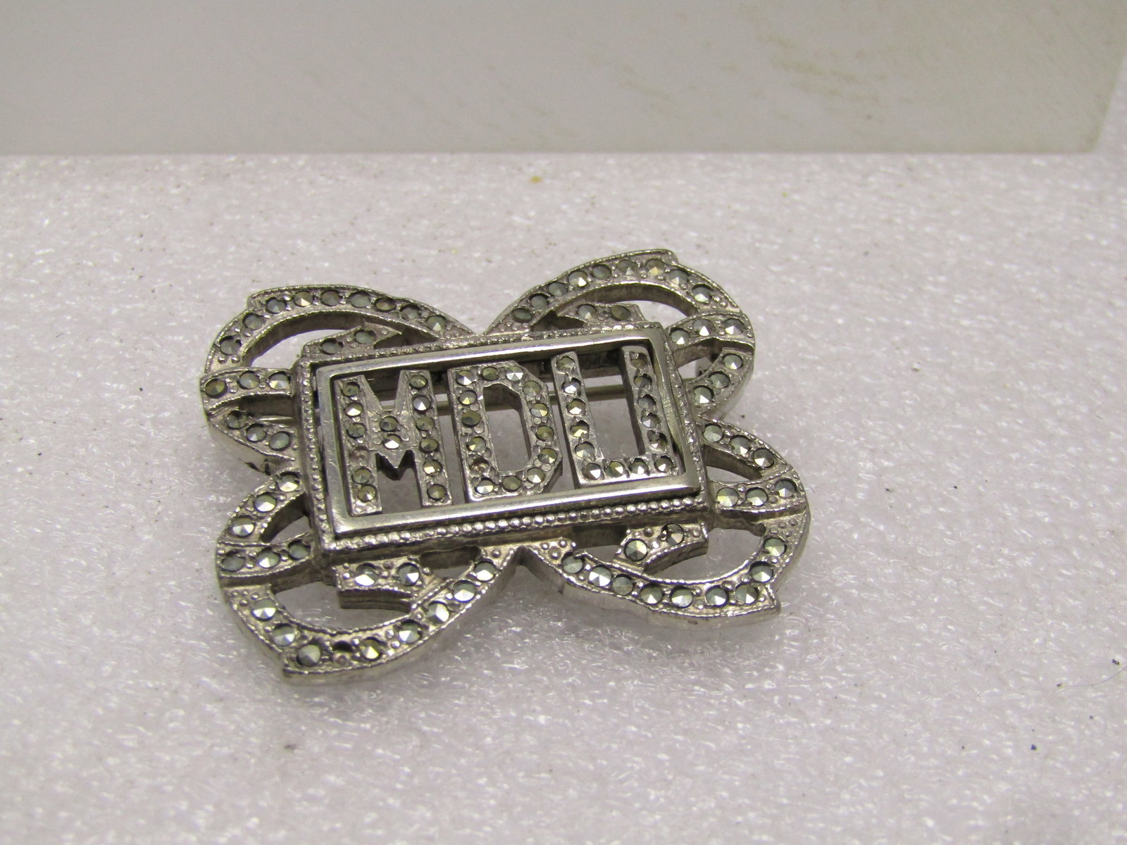 Vintage Marcasite Monogrammed MDU Deco Brooch, 1940's-1950's - 5