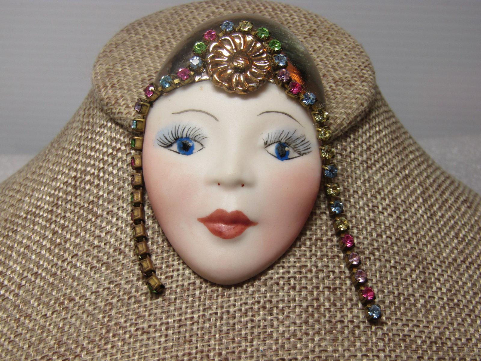Vintage Porcelain Flapper Girl Brooch with Rhinestones, 1980's - 2