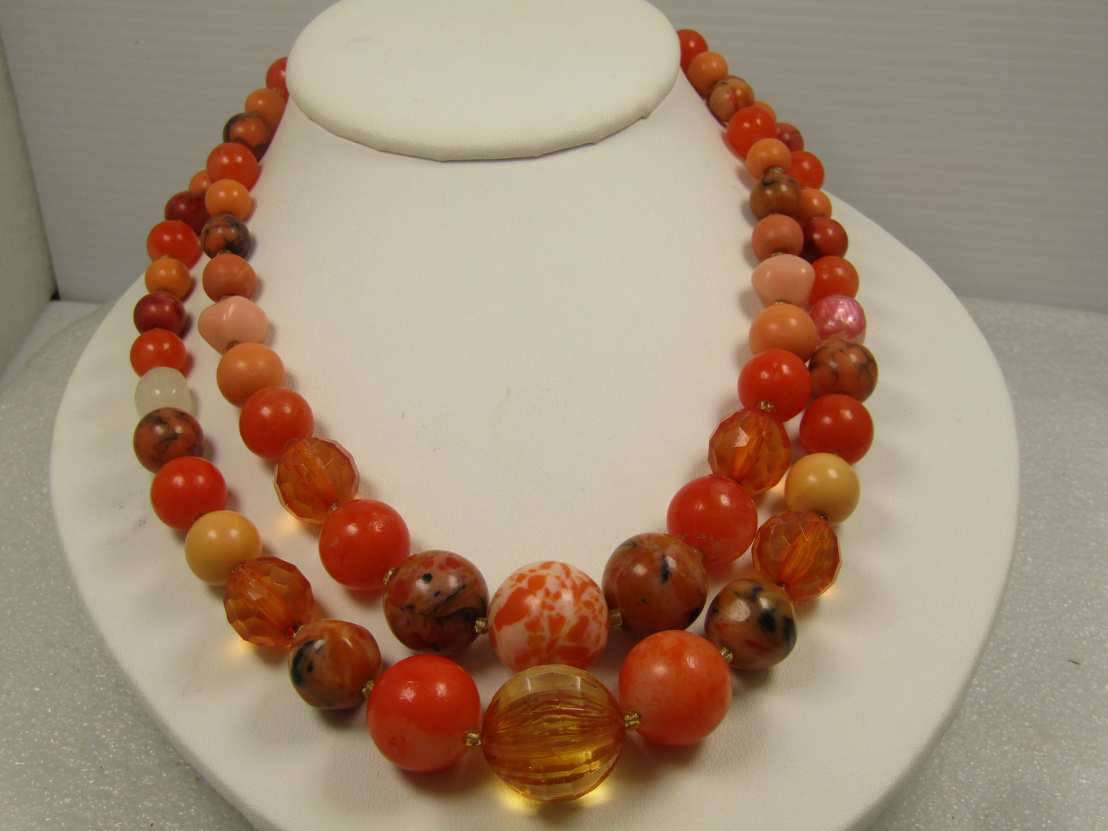 Vintage Double Strand Orange Beaded Necklace, Japan, 16"-17" 1940's-1960's - 2