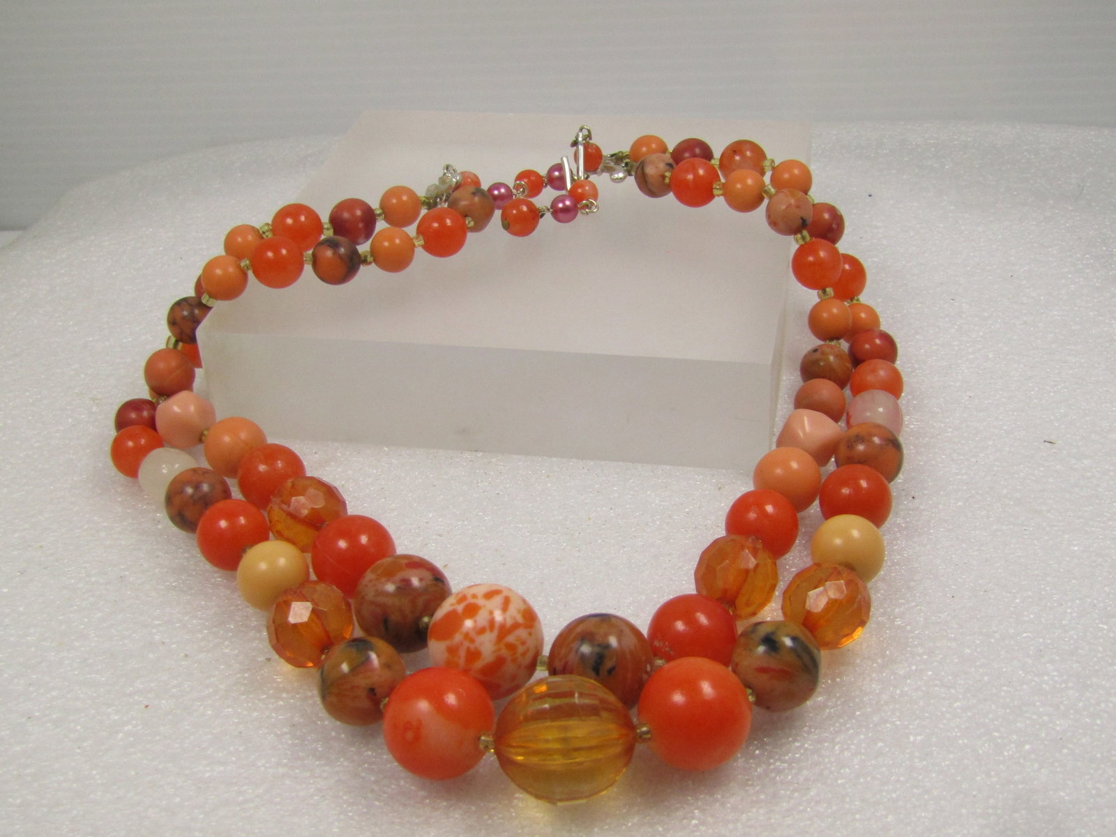 Vintage Double Strand Orange Beaded Necklace, Japan, 16"-17" 1940's-1960's - 4