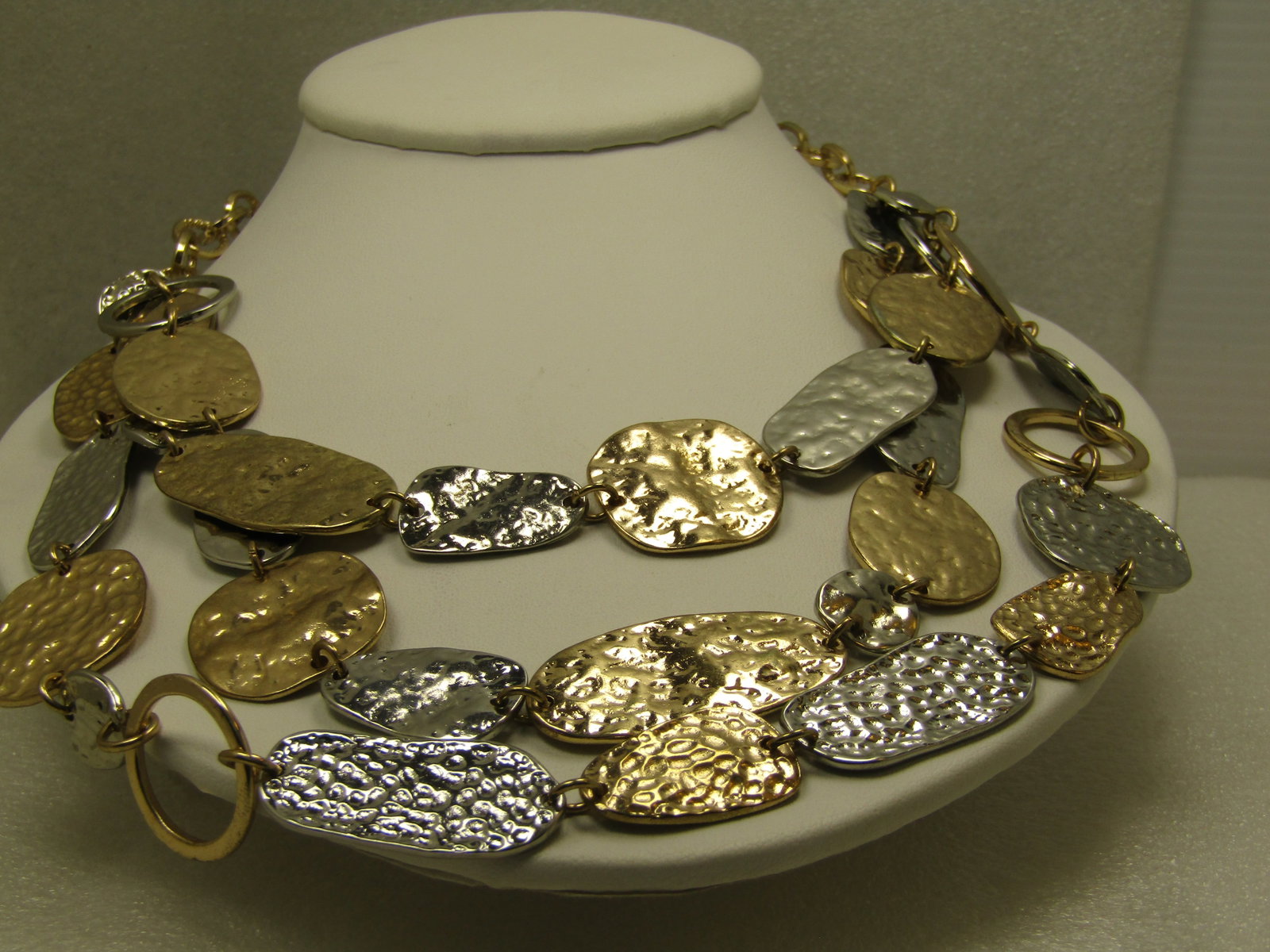 Vintage Triple Drop Hammered Link Necklace, Two-Tone, 1980's, 24": Vintage Triple Drop Hammered Link Necklace, Two-Tone, 1980's, 24". T his is not signed - it is both gold tone and silver tone with irregular shaped links that are up to 1" wide with large round gold