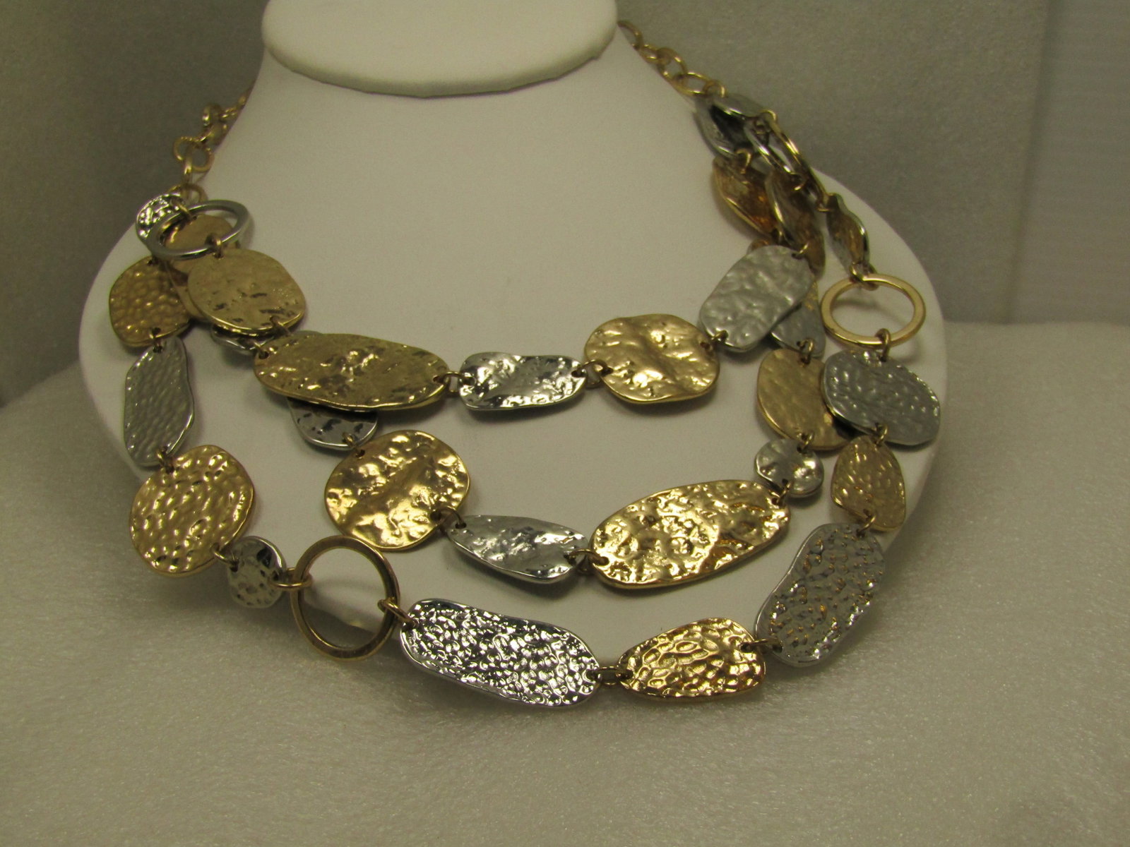 Vintage Triple Drop Hammered Link Necklace, Two-Tone, 1980's, 24" - 3