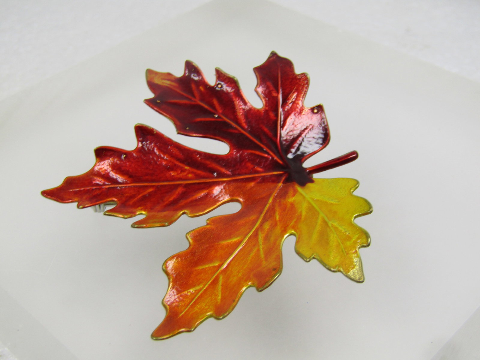 Vintage Enameled Leaf Brooch, Red/Orange/Yellow Maple Leaf, 1960's-1970's - 5