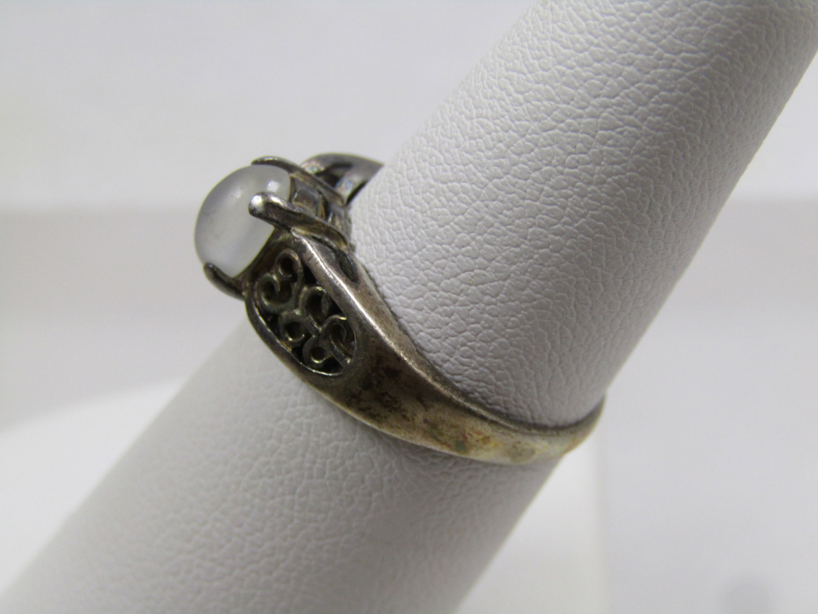 Vintage Sterling White Cateye Ring, Scrolled, Sz. 7, 1960's-1970's - 2