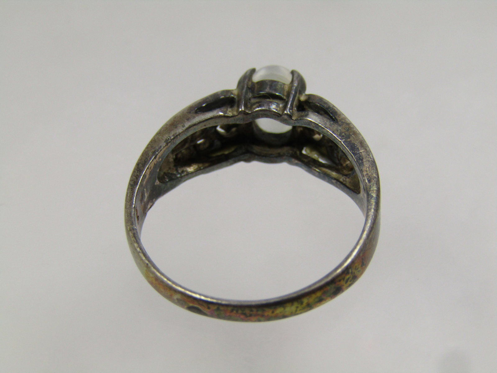 Vintage Sterling White Cateye Ring, Scrolled, Sz. 7, 1960's-1970's - 4