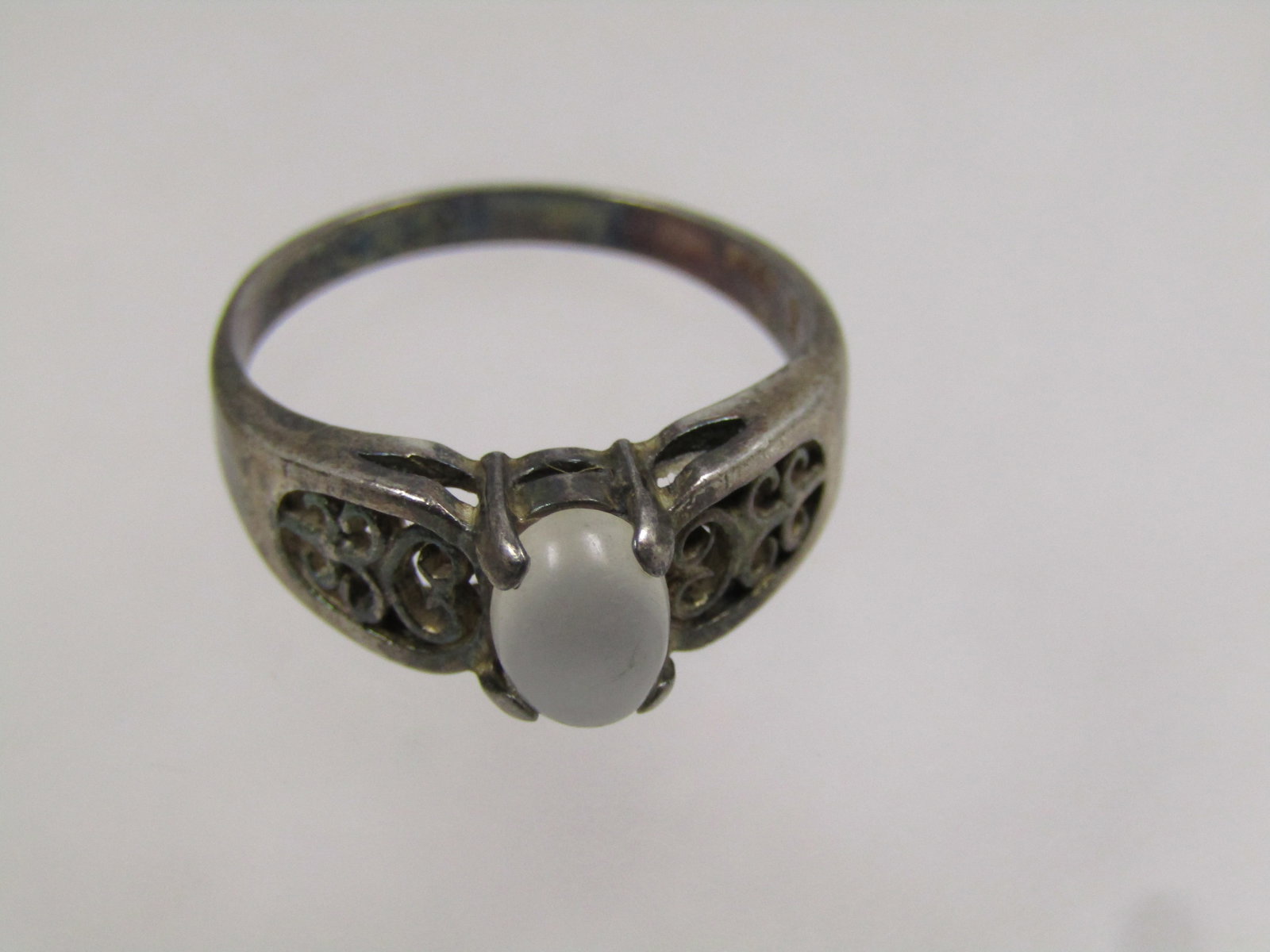Vintage Sterling White Cateye Ring, Scrolled, Sz. 7, 1960's-1970's - 5