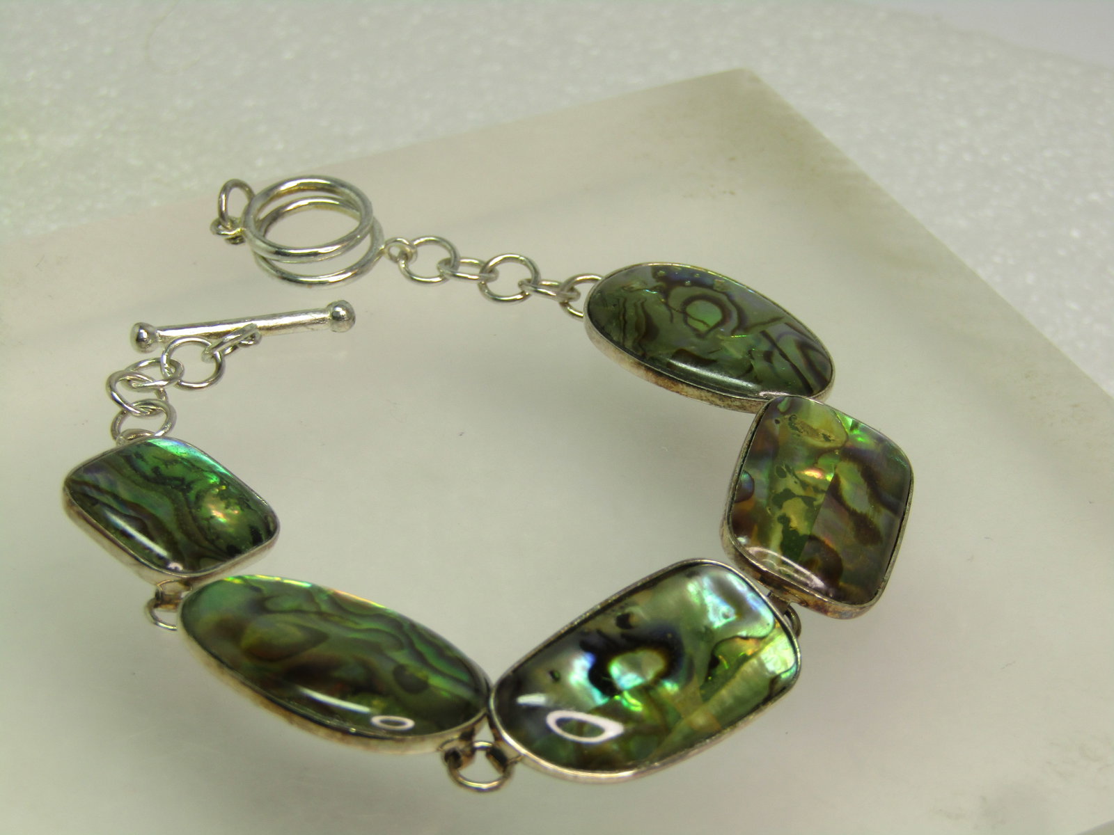 Vintage Sterling Silver Paua Shell Link Bracelet, 8", Signed LUC, 1980's-1990's - 2