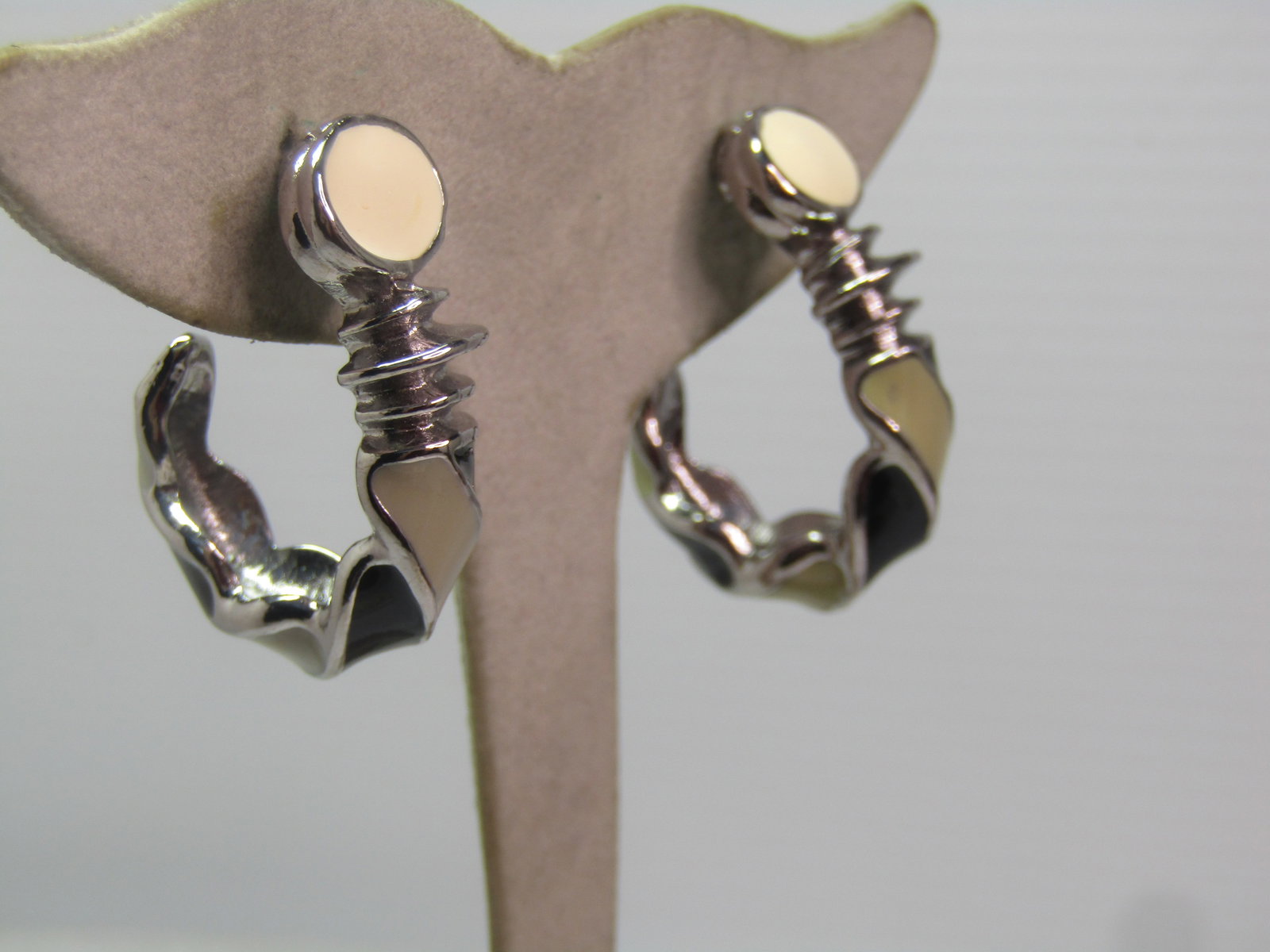 Vintage Enameled Black/Tan/Green 3/4 Hoop Earrings, Pierced, Patchington, on Card, 1980's - 2