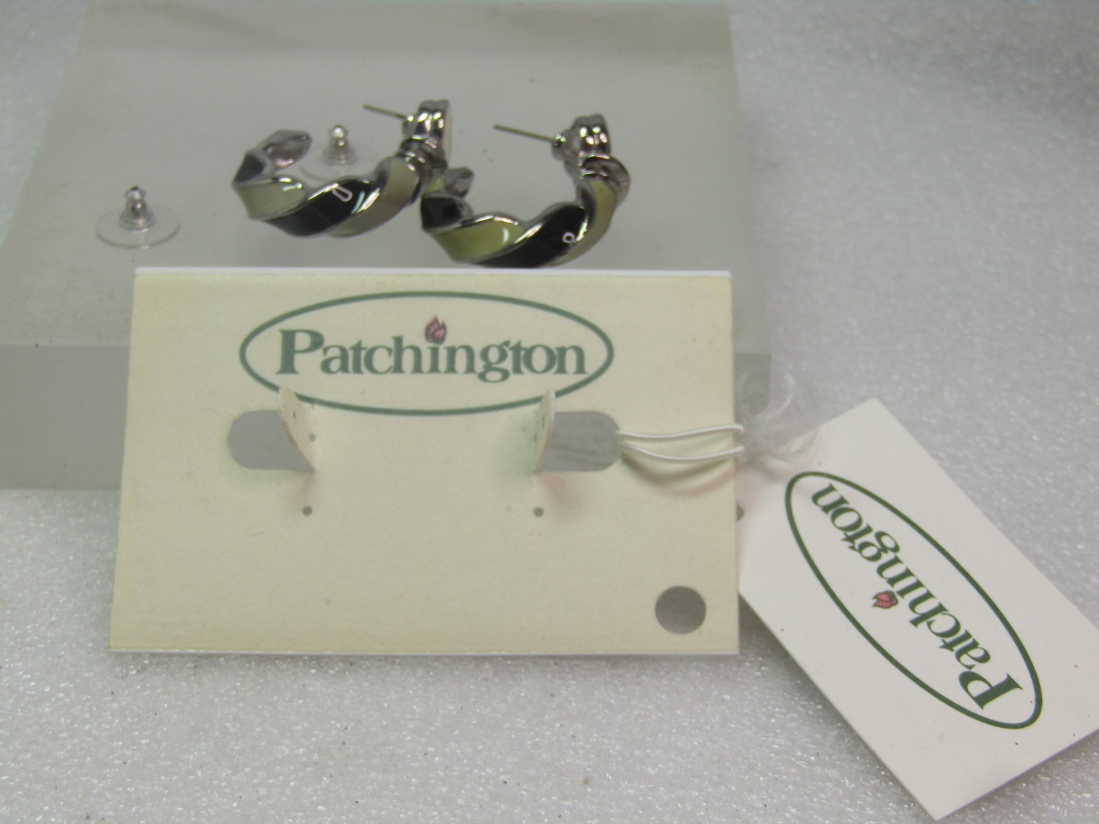 Vintage Enameled Black/Tan/Green 3/4 Hoop Earrings, Pierced, Patchington, on Card, 1980's - 5