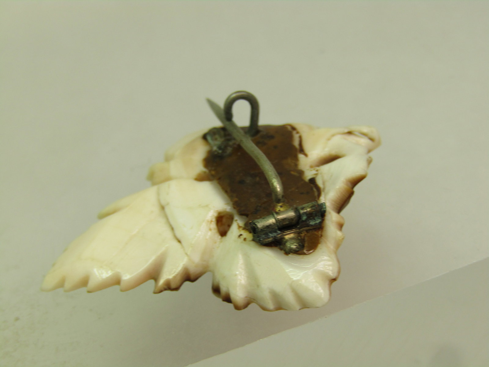 Vintage Brown/White Carved Leaf Brooch, C-Clasp, early 1900's - 5