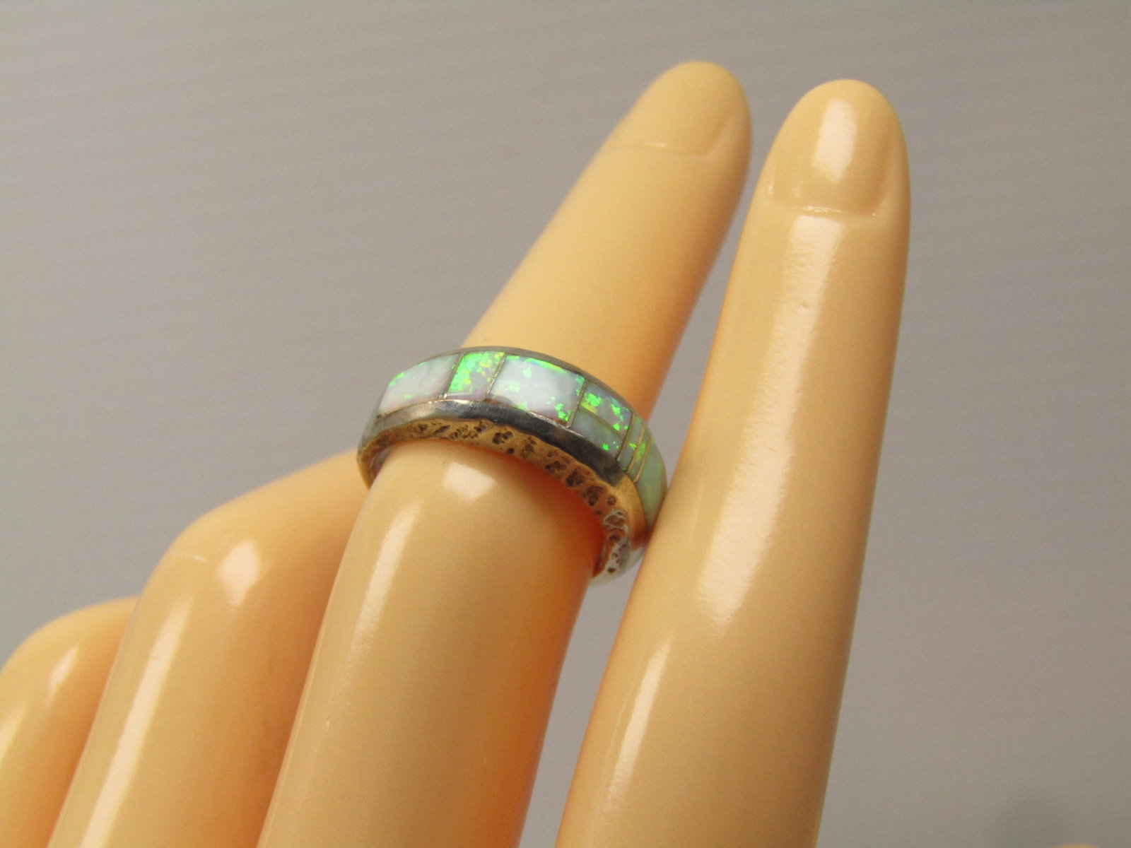 Vintage Sterling Created Opal Ring, Inlaid, Sz. 6.25, 1980's-1990's - 7