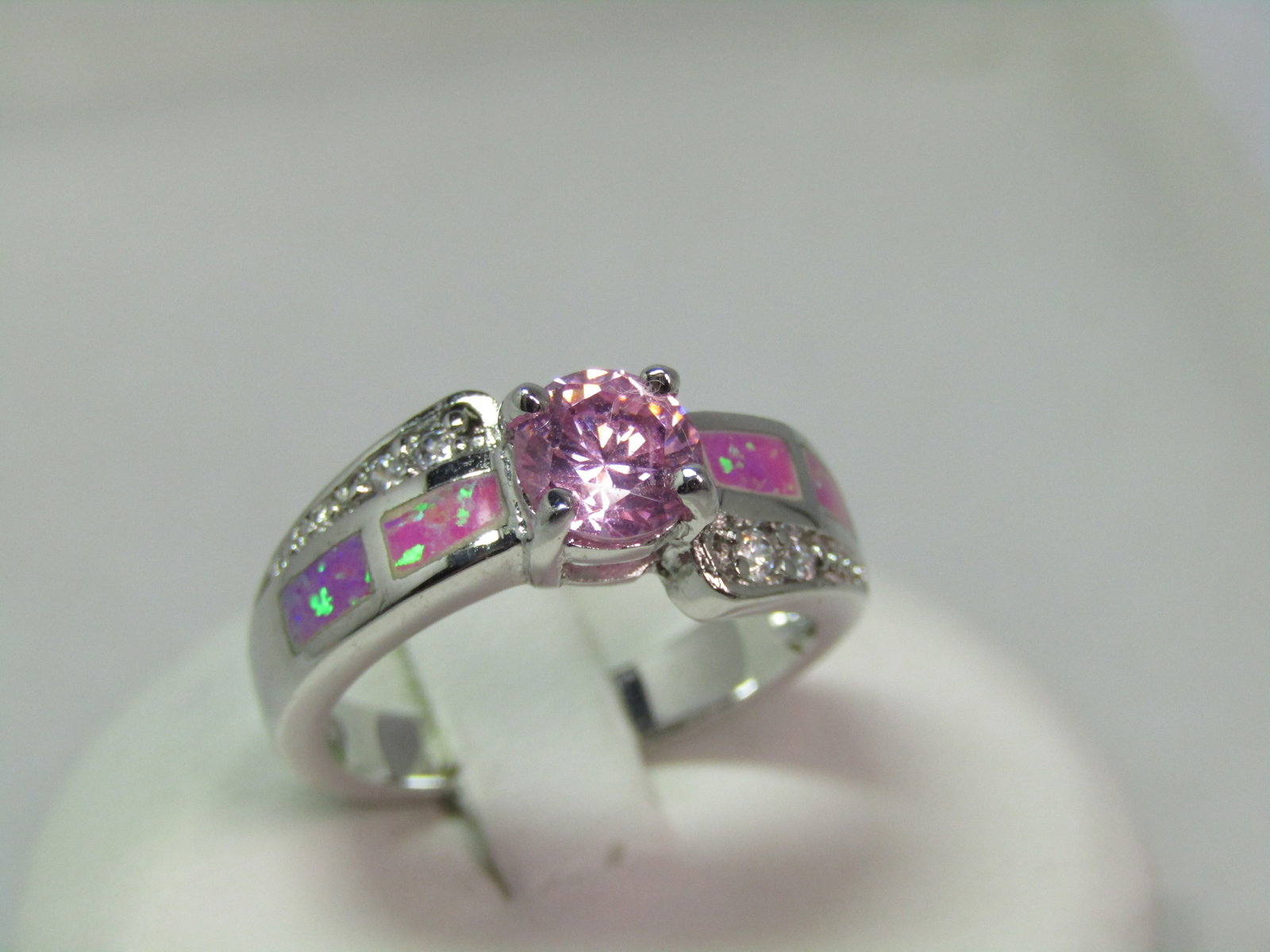 Silver Plated Faux Opal Pink Topaz Ring, Clear Rhinestones, Sz. 6.75, 1990's - 2