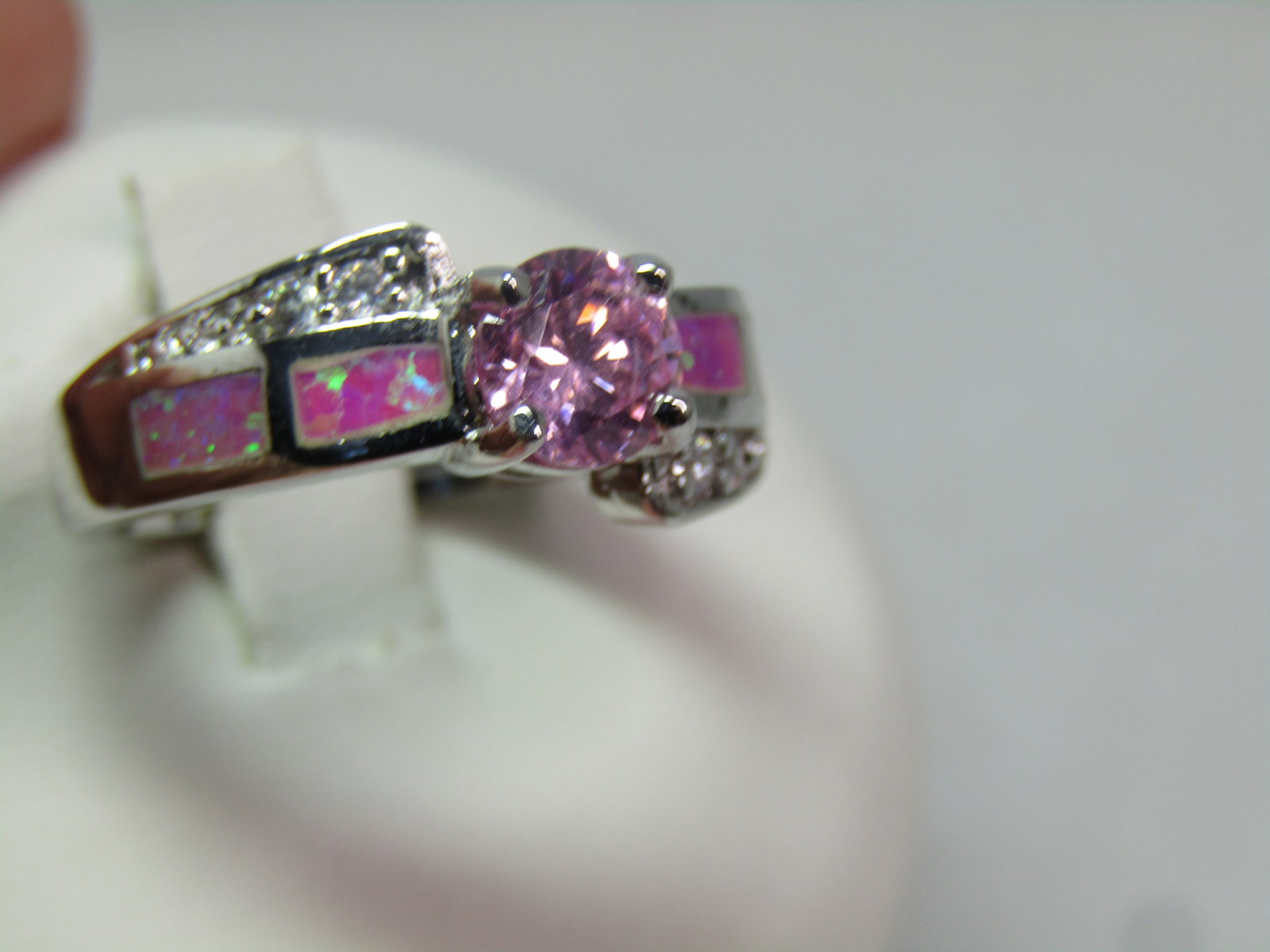 Silver Plated Faux Opal Pink Topaz Ring, Clear Rhinestones, Sz. 6.75, 1990's - 3