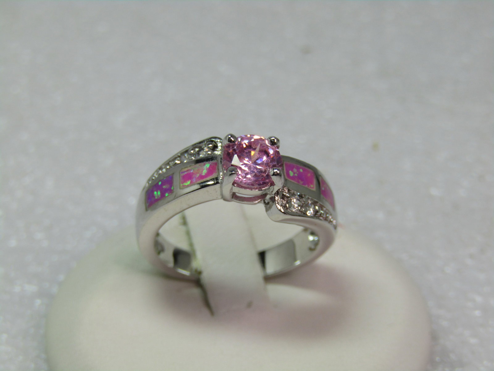 Silver Plated Faux Opal Pink Topaz Ring, Clear Rhinestones, Sz. 6.75, 1990's - 4